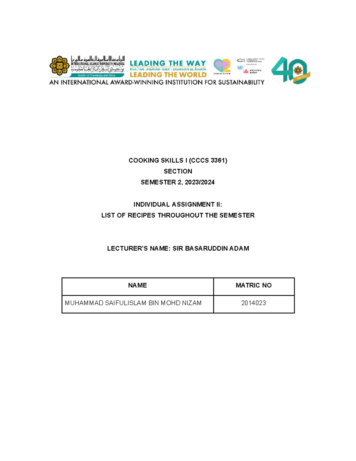 Cooking Skills I: Semester 2 2023 Individual Assignment II Recipes ...