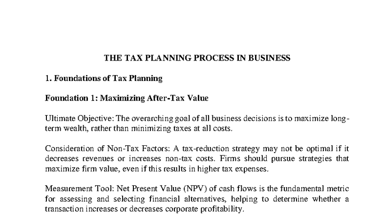 TAX Planning Process in Business: Key Foundations & Strategies - Studocu