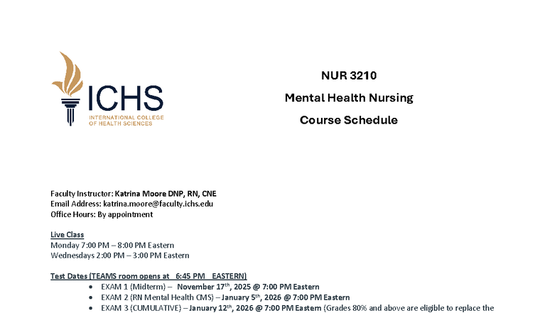 NUR 3210 Mental Health Nursing Course Schedule (Fall 2025) - Studocu