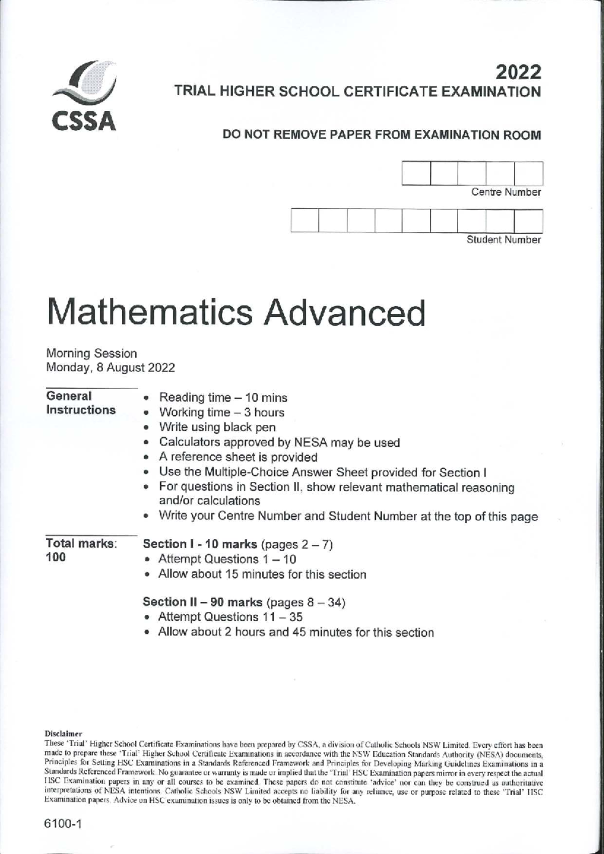 2022 HSC Mathematics Advanced Exam Paper 3 - CSSA - Studocu