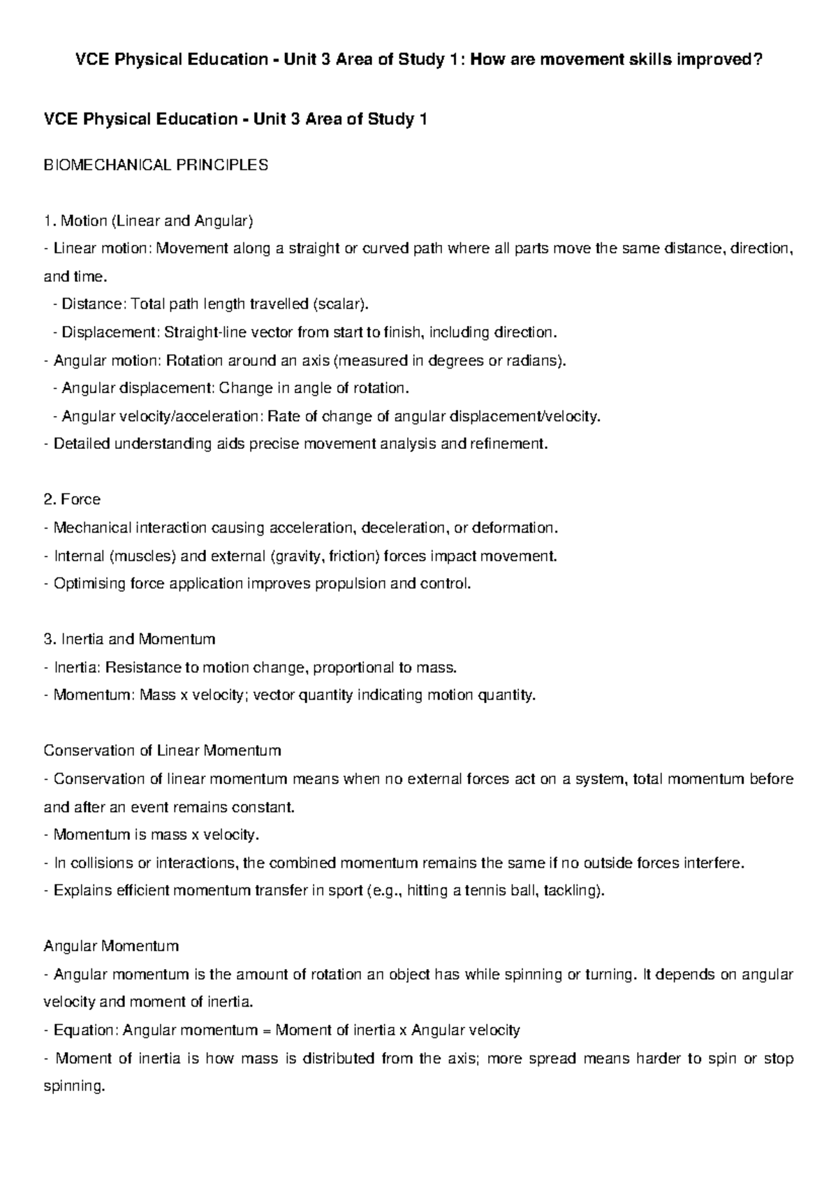 VCE Physical Education Unit 3: Biomechanical Principles Summary - Studocu