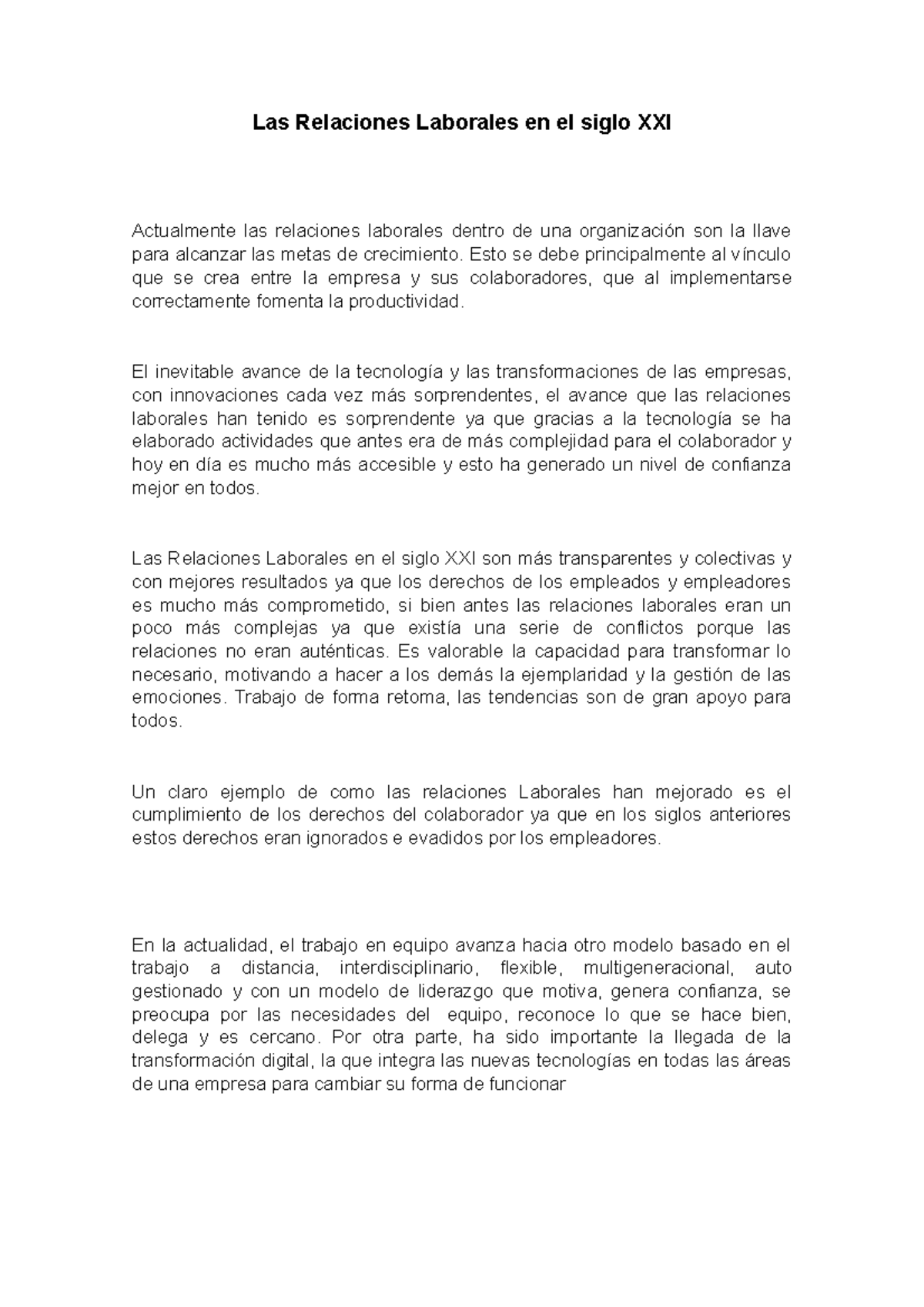 Las Relaciones Laborales en el Siglo XXI: Evolución y Nuevas Tendencias - Document Preview