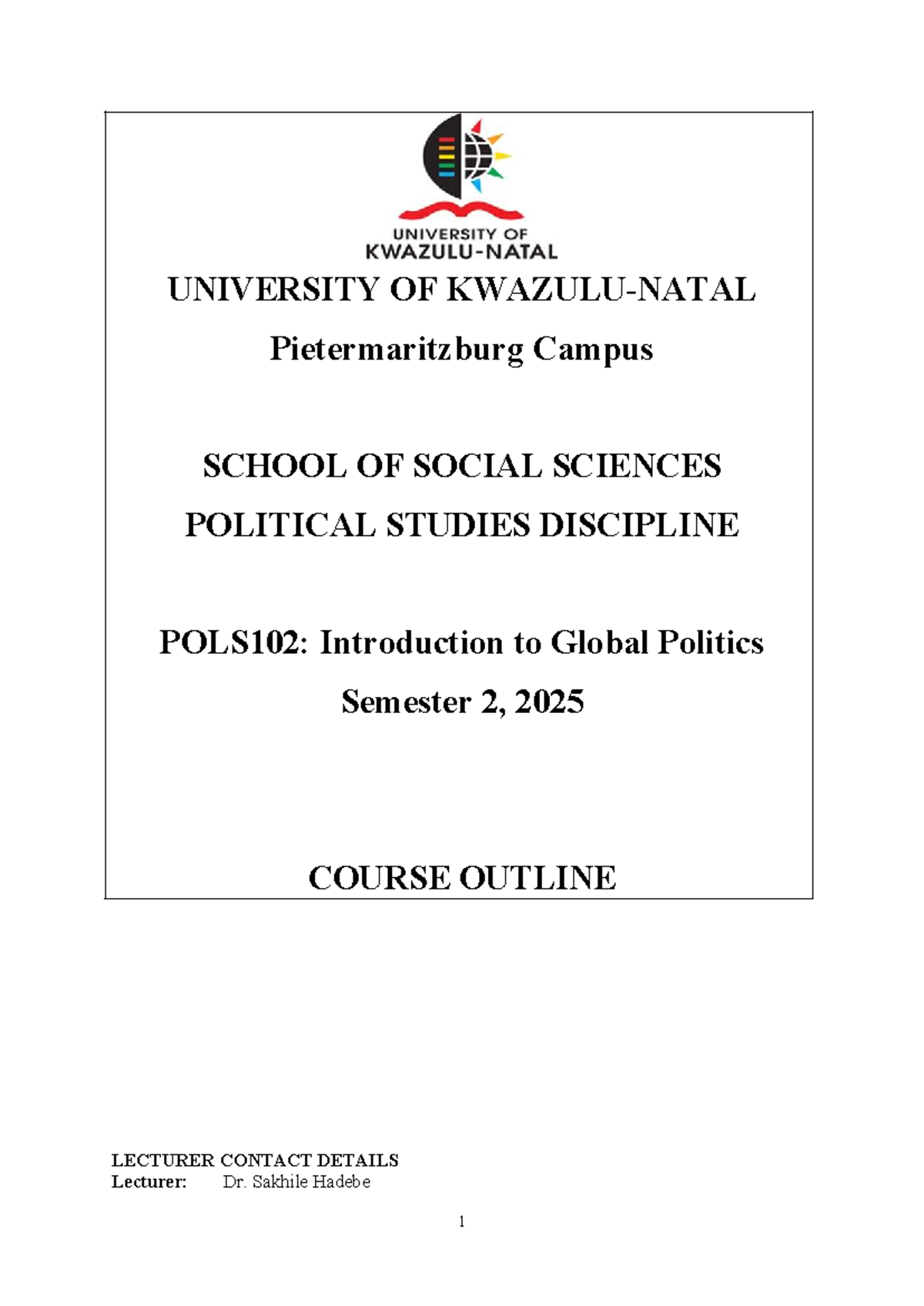 POLS102: Course Outline for Introduction to Global Politics - Semester ...