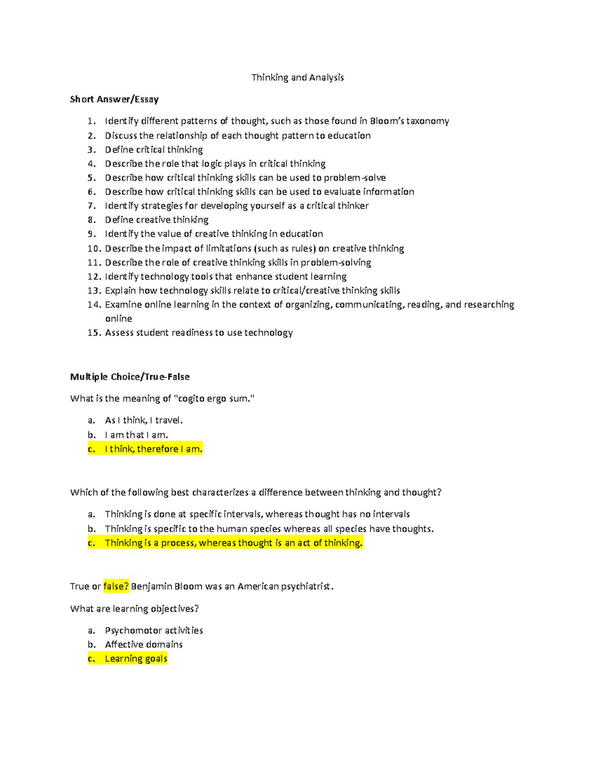 Thinking and Analysis Test Questions - Thinking and Analysis Short ...