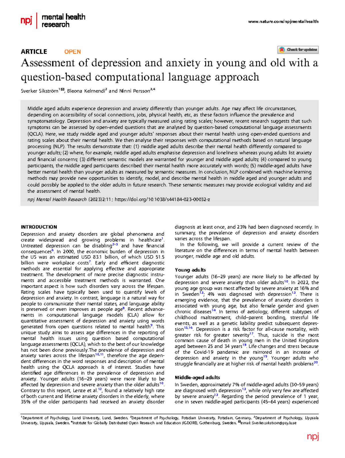 Assessment of Depression and Anxiety Across Ages: A QCLA Approach (PSY ...