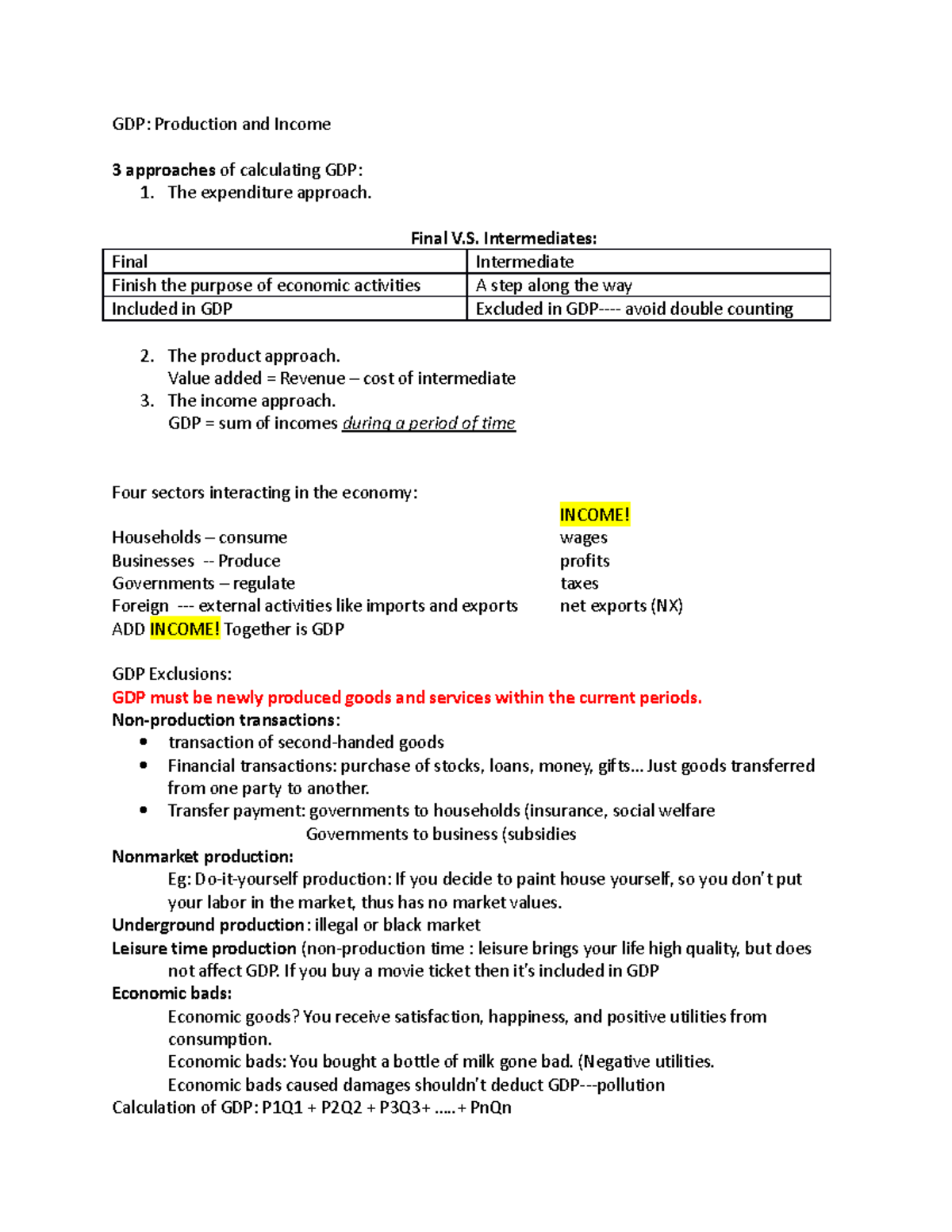 GDP (Economic) - Comprehensive Class Notes on Production and Income ...