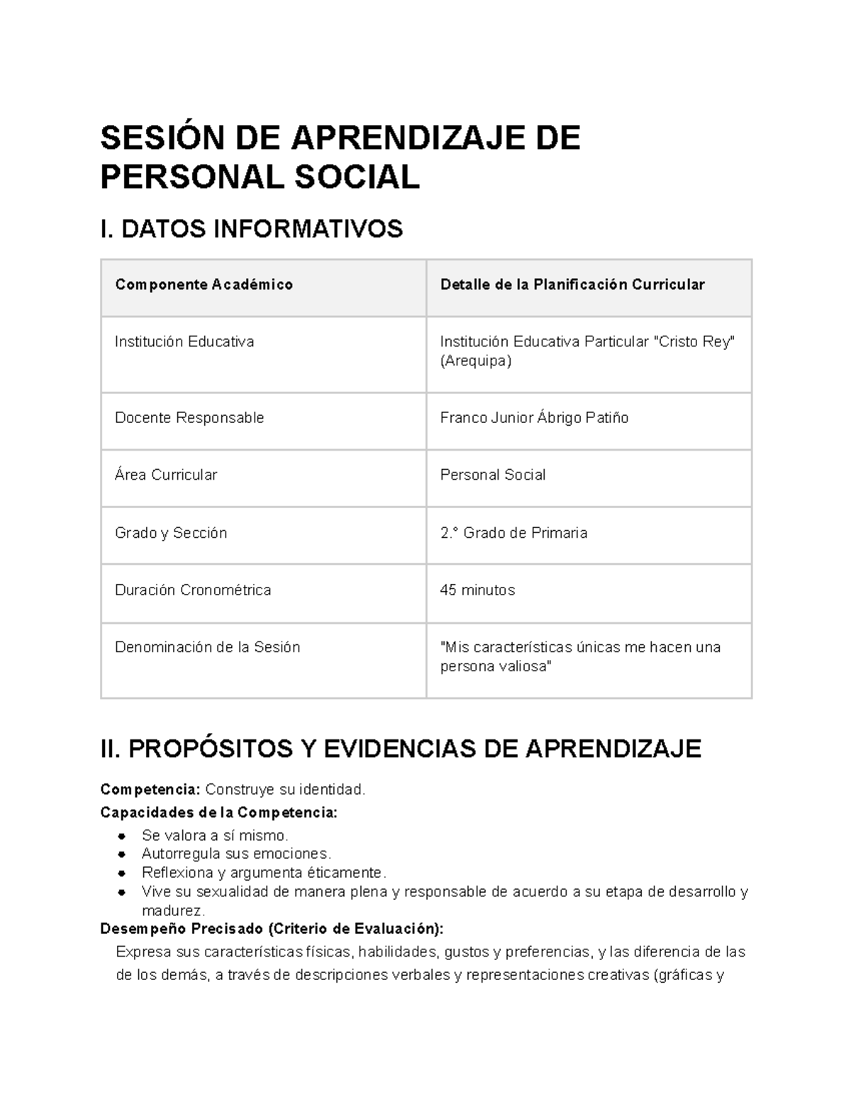 Sesión de Aprendizaje de Personal Social I - Construyendo mi Identidad ...