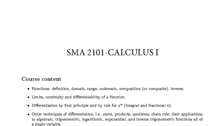 SMA 2101 Calculus I: Functions, Limits, and Differentiation Notes - Studocu