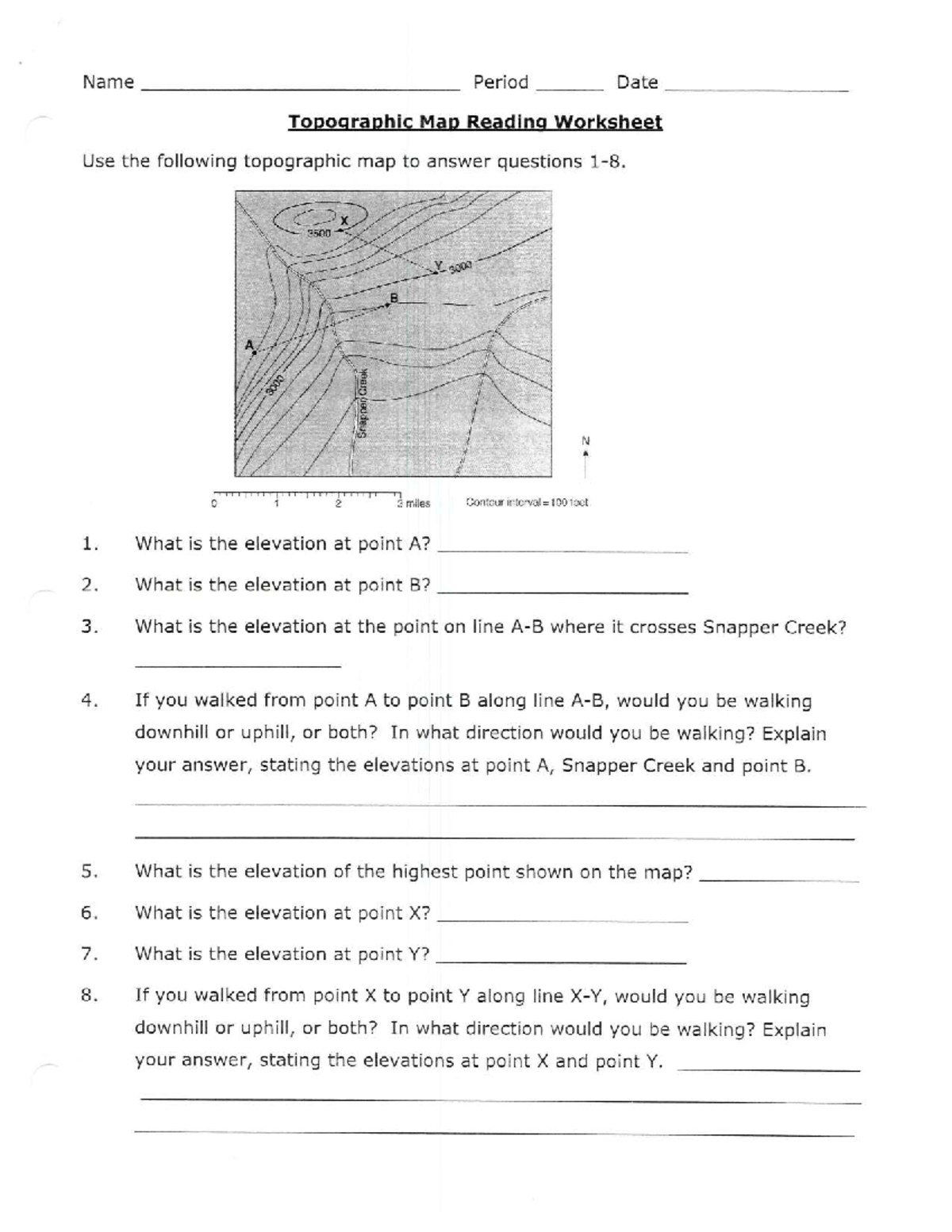 Topographic Map Reading Worksheet: Elevation Analysis and Questions ...
