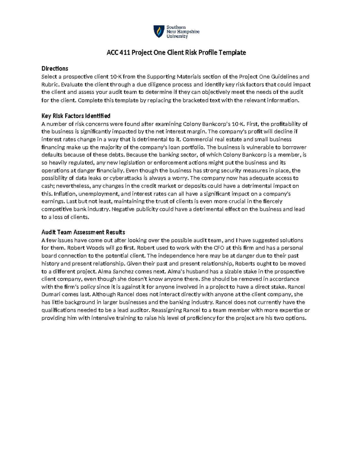 ACC 411 Project One: Client Risk Profile & Audit Team Assessment - Studocu