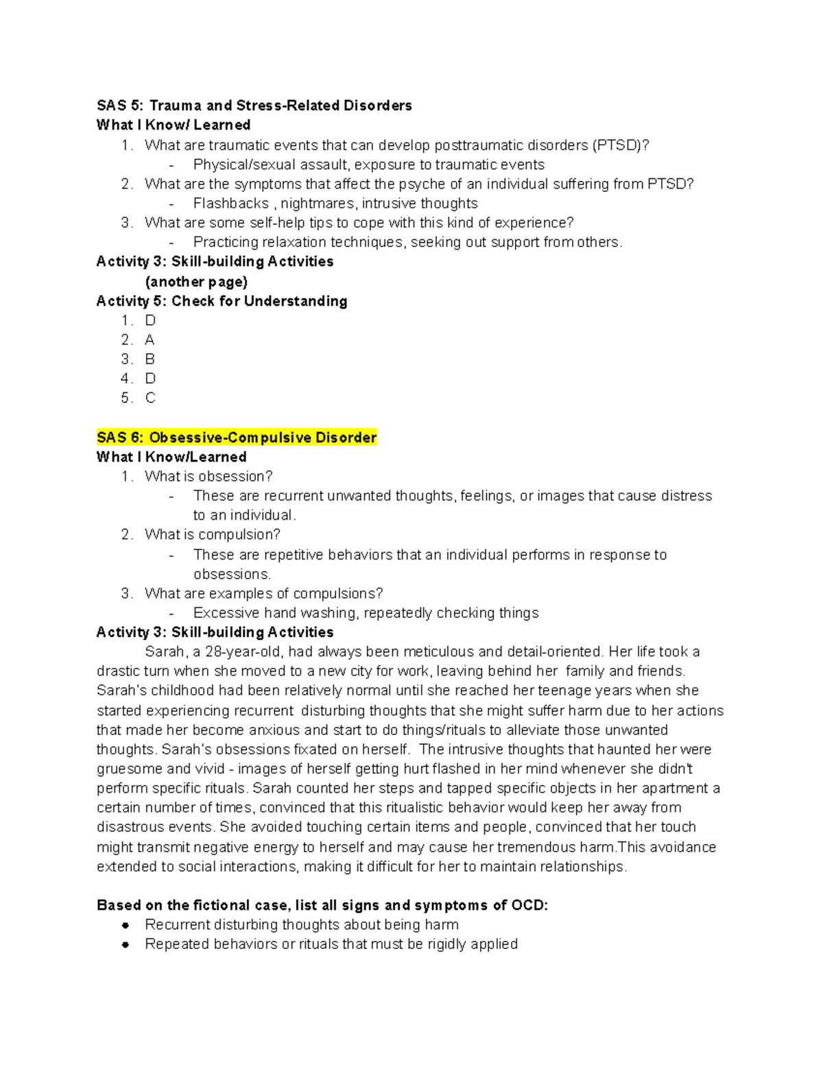 SAS 5 Trauma and Stress-Related Disorders - SAS 5: Trauma and Stress ...