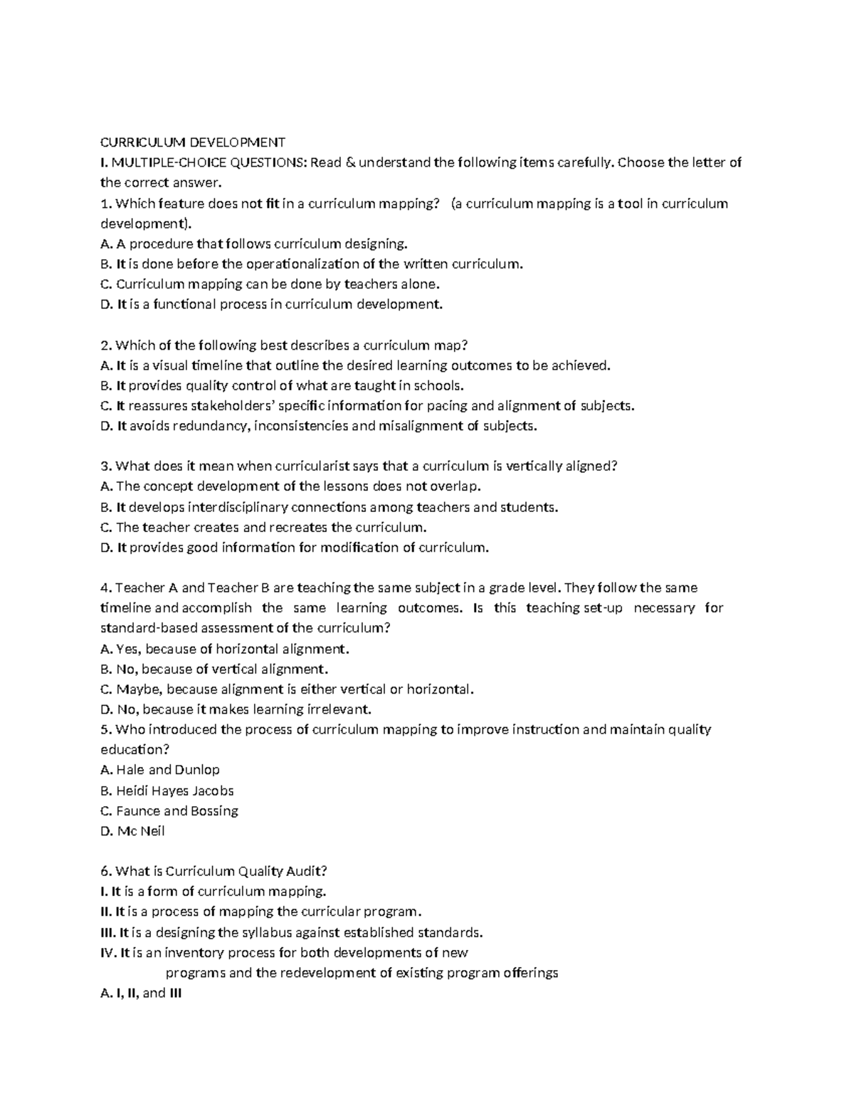 Curriculum Development MCQs for Educational Assessment and Planning ...