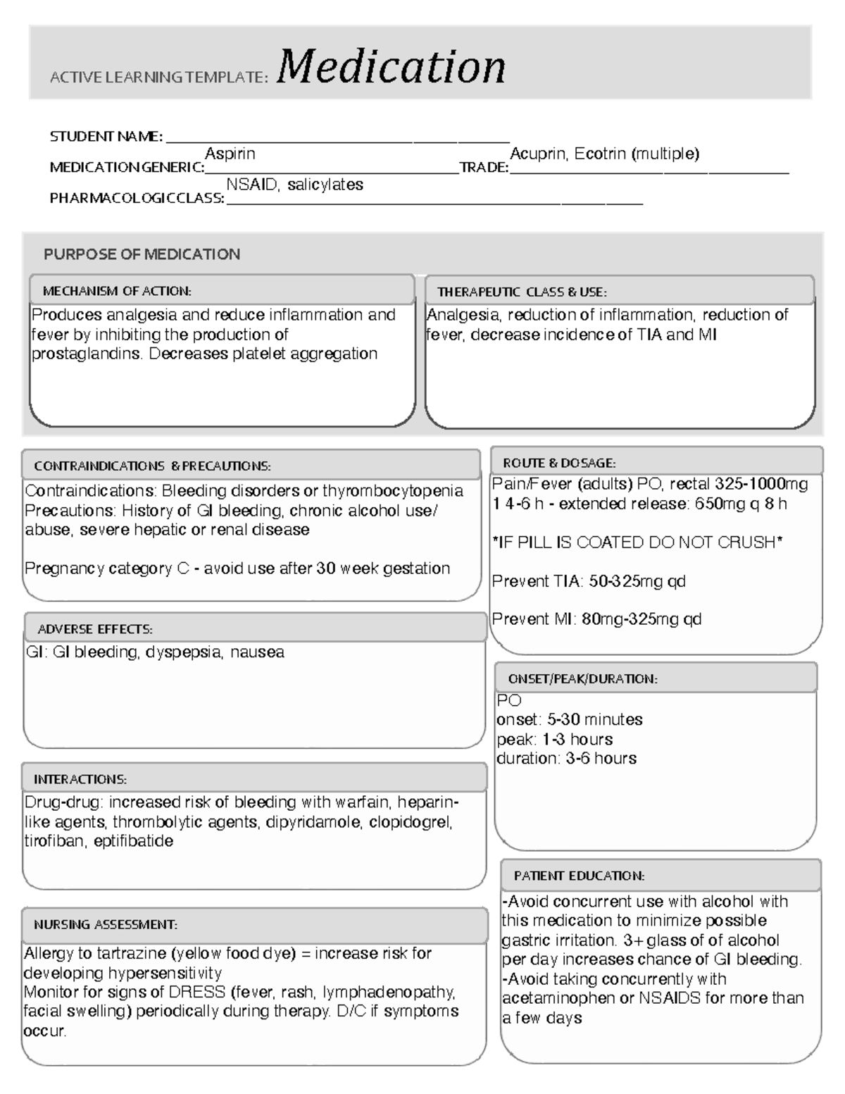 Aspirin (NSAID) Medication Card: Purpose, Dosage & Safety Assessment ...