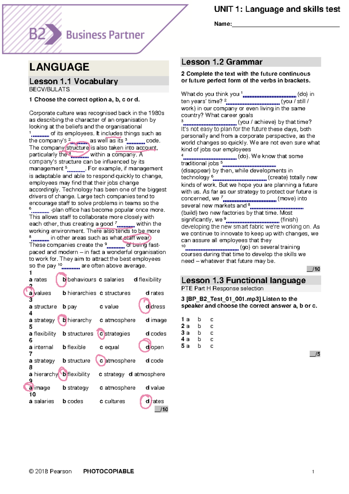 UNIT 1: Language and Skills Test - Grammar and Vocabulary Exercises ...