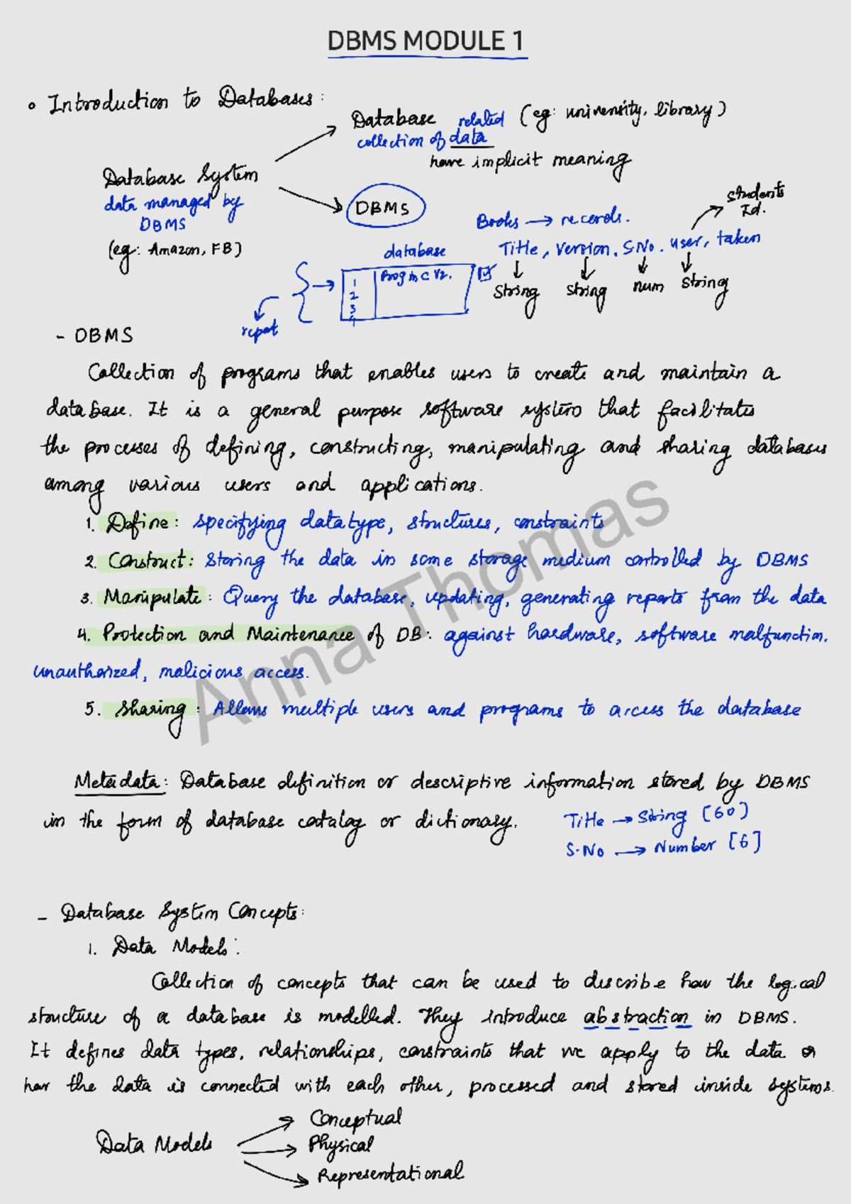 DBMS Module 1: Comprehensive Notes on Database Concepts - Studocu