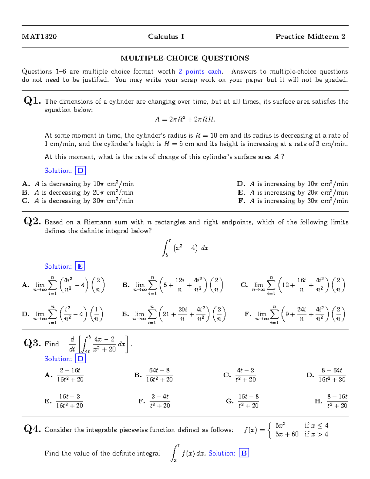 MAT1320 Practice Midterm 2 Solutions and Explanations - Studocu