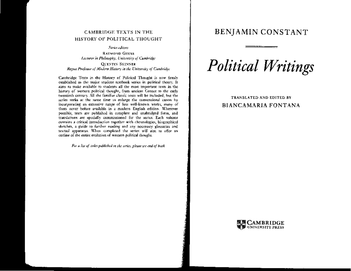 Political Writings of Benjamin Constant: Liberty of Ancients vs. Moderns - Studocu