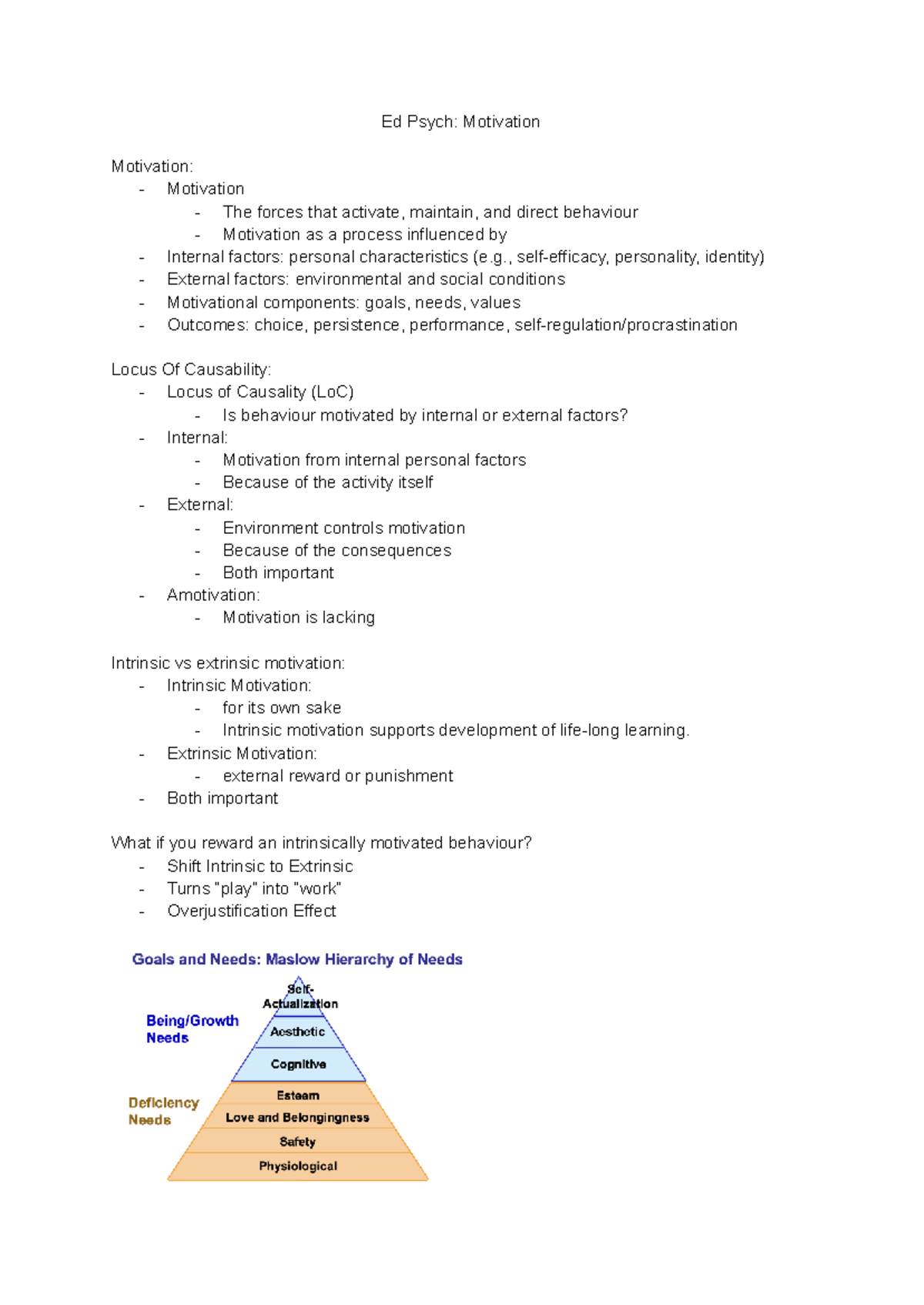 Ed Psych: Motivation Lecture Notes - Key Concepts and Theories - Studocu