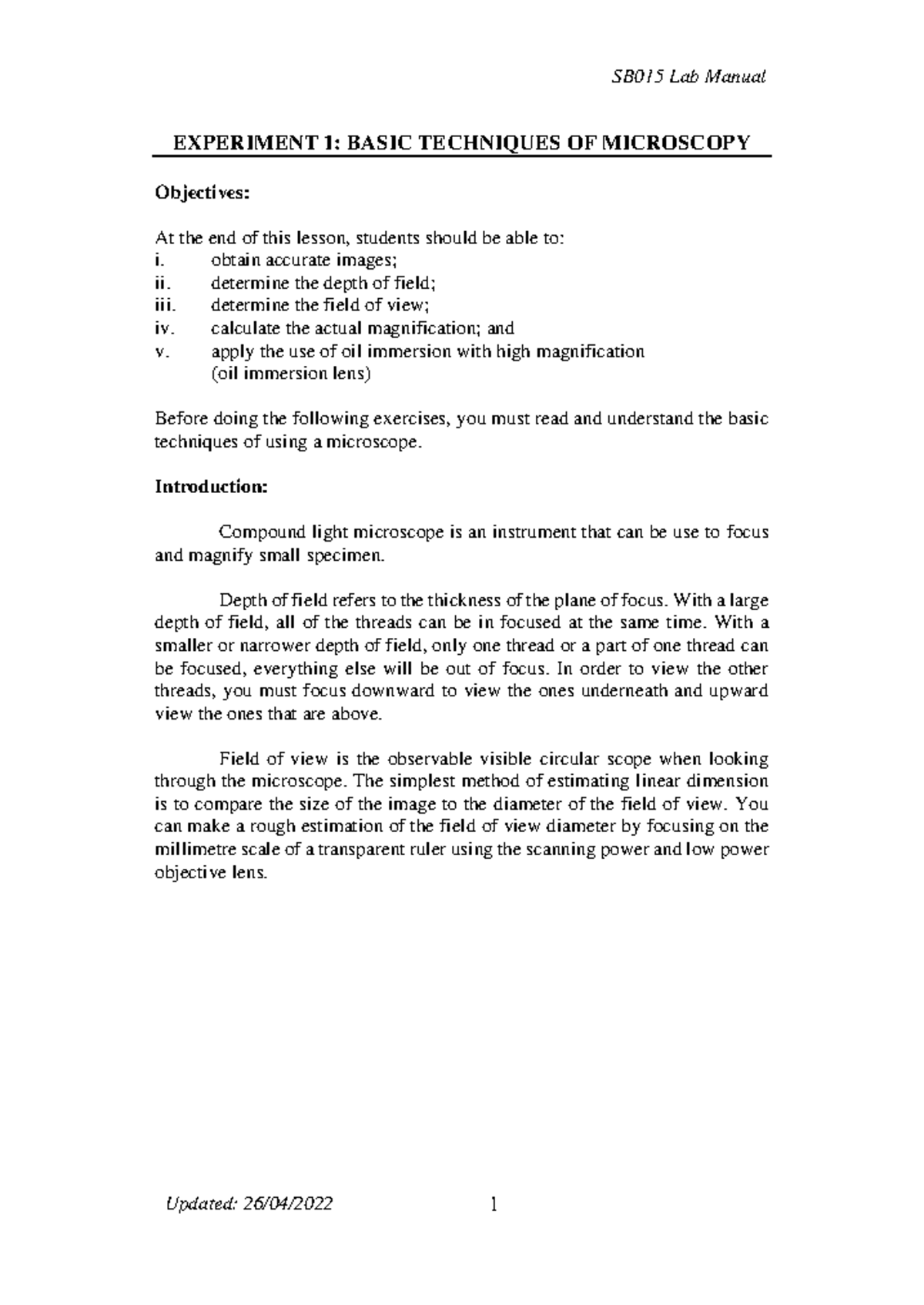 SB015 Biology Lab Manual: Microscopy & Plant Tissue Techniques - Studocu