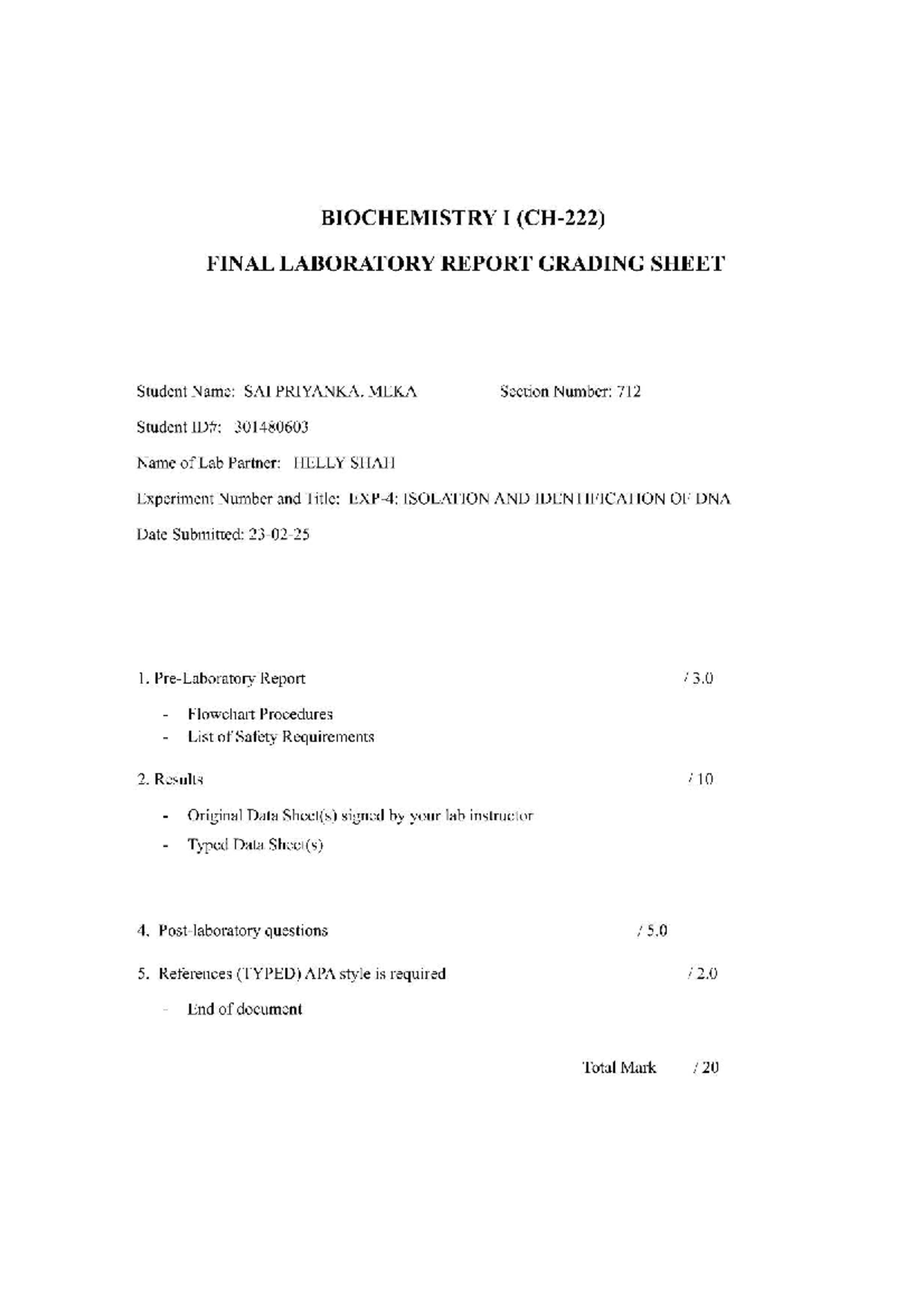 BIOCHEMISTRY I (BI 206) FINAL LAB REPORT: DNA ISOLATION EXPERIMENT ...