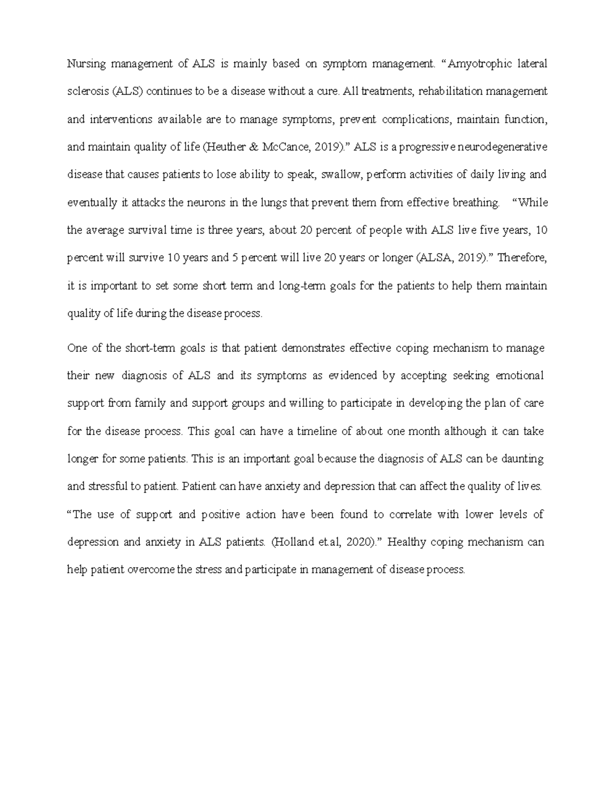 NUR 452 Milestone 2: Nursing Management Goals for ALS Patients - Studocu