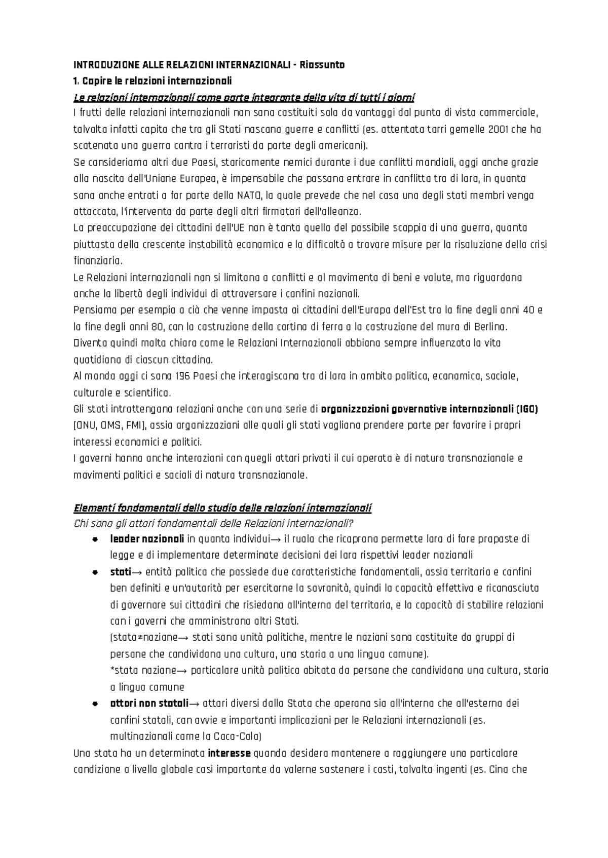 Riassunto di Introduzione alle Relazioni Internazionali (IR101) - Document Preview