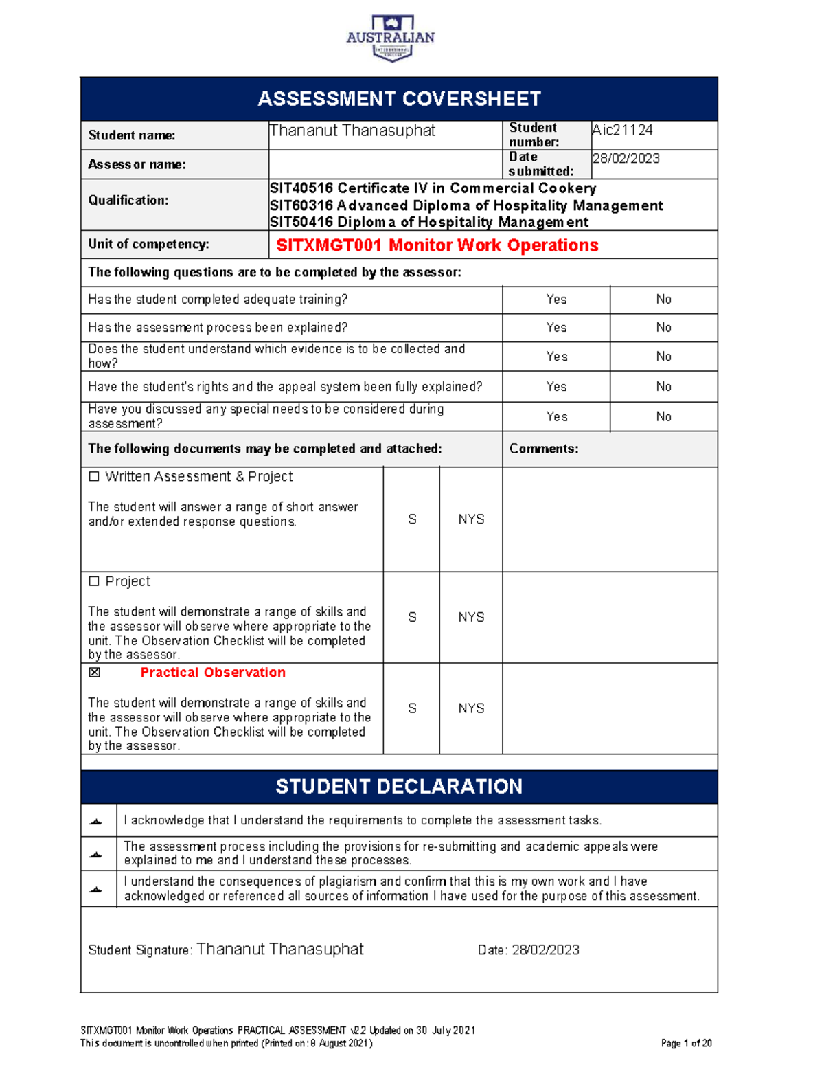 SITXMGT001 Practical Assessment Guidelines for Monitoring Work ...