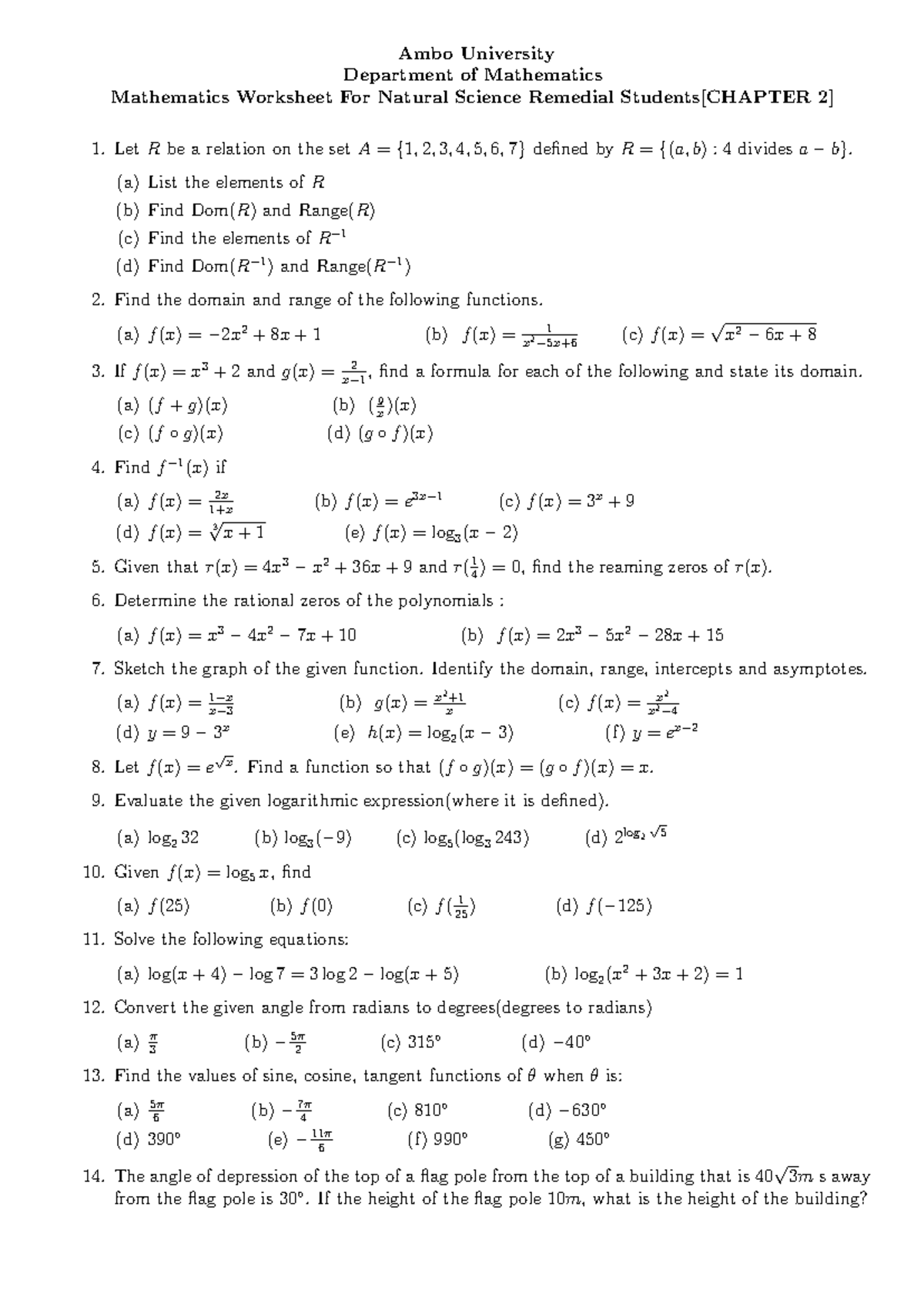 Mathematics Worksheet For Natural Science Remedial Students Chapt ...