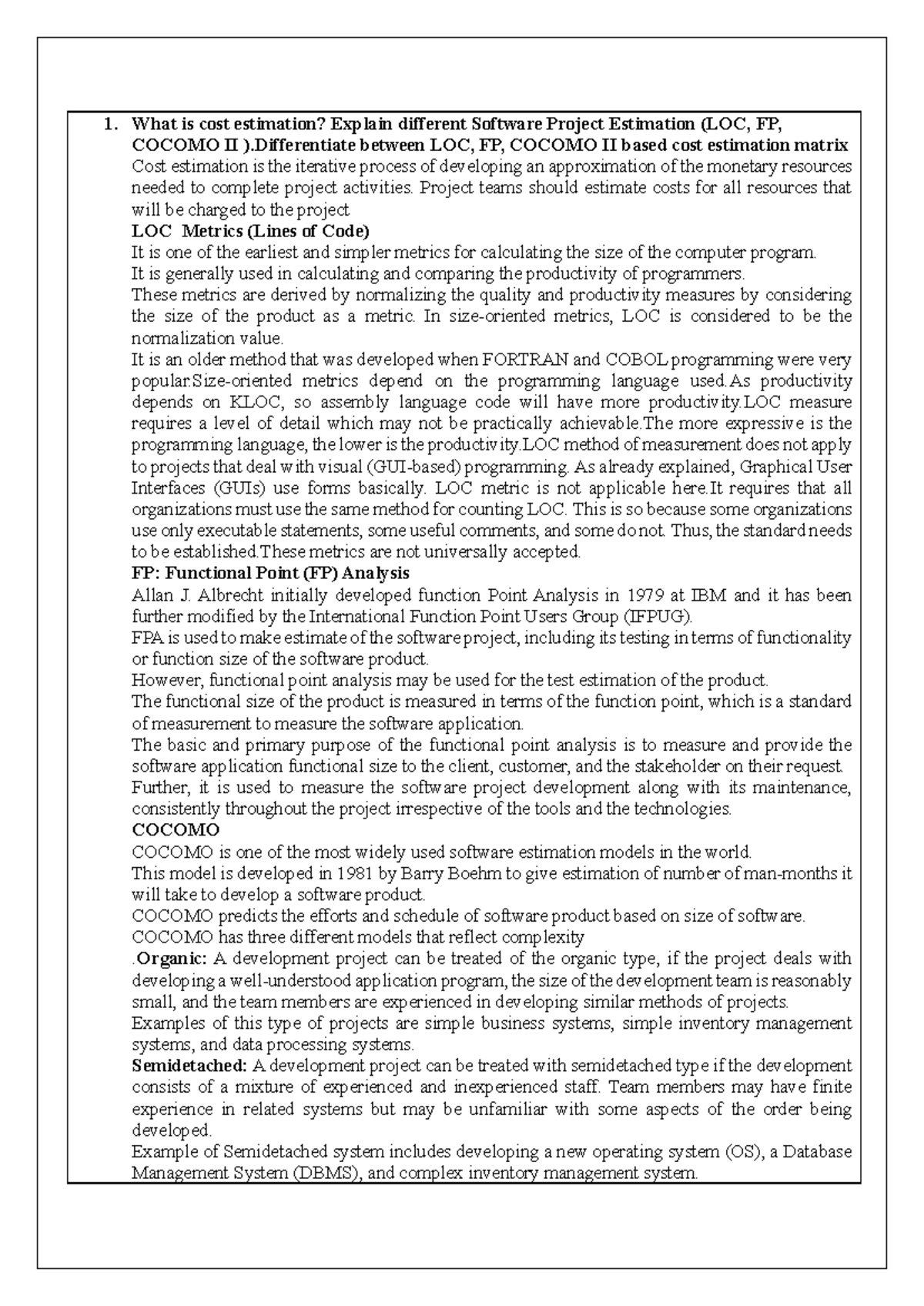 Software Engineering QB Final Exam Solved Questions on Estimation ...