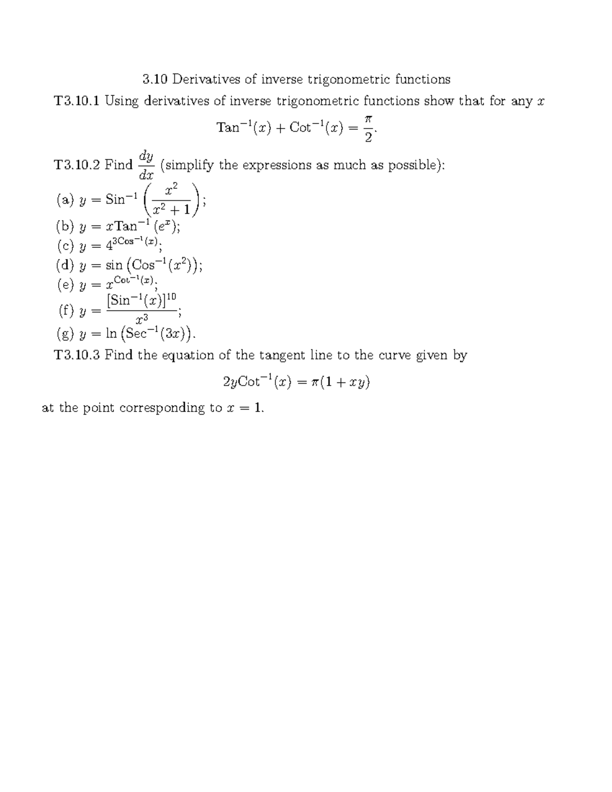 Derivatives of Inverse Trigonometric Functions - Week 6 Problems T3.10 ...