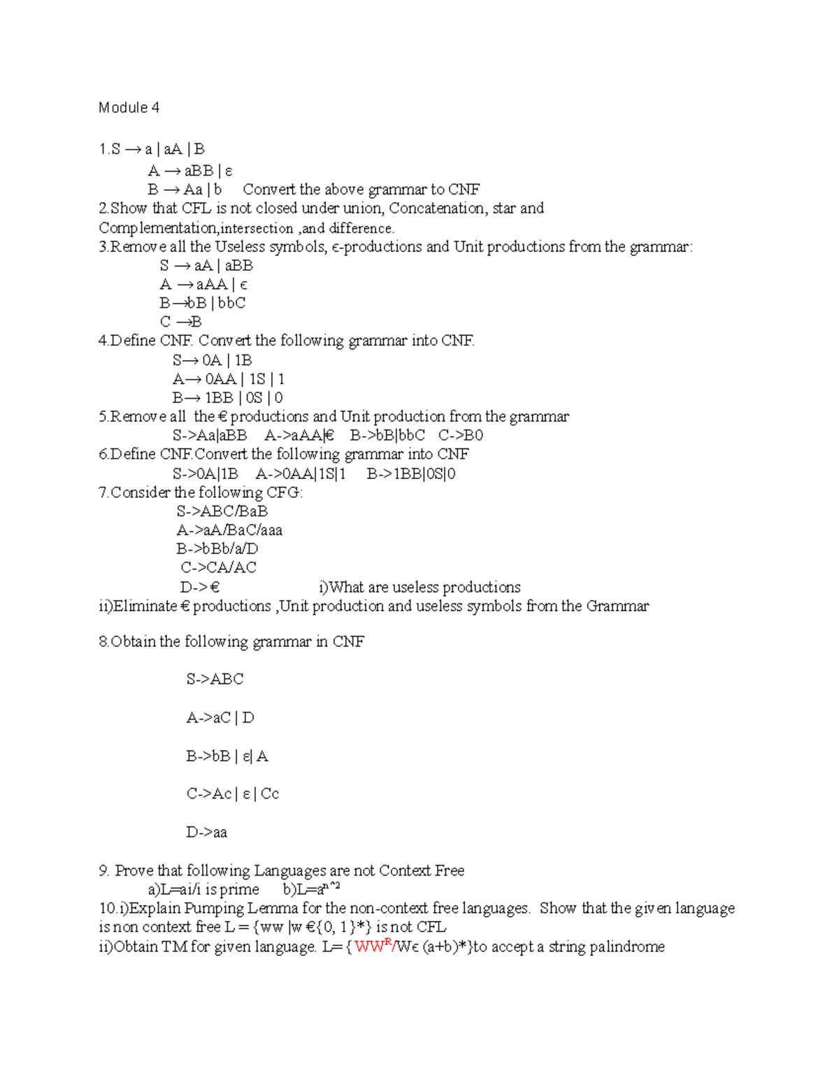 Toc QP Bank - Module 4 & 5: CNF, CFL Properties, and Pumping Lemma ...