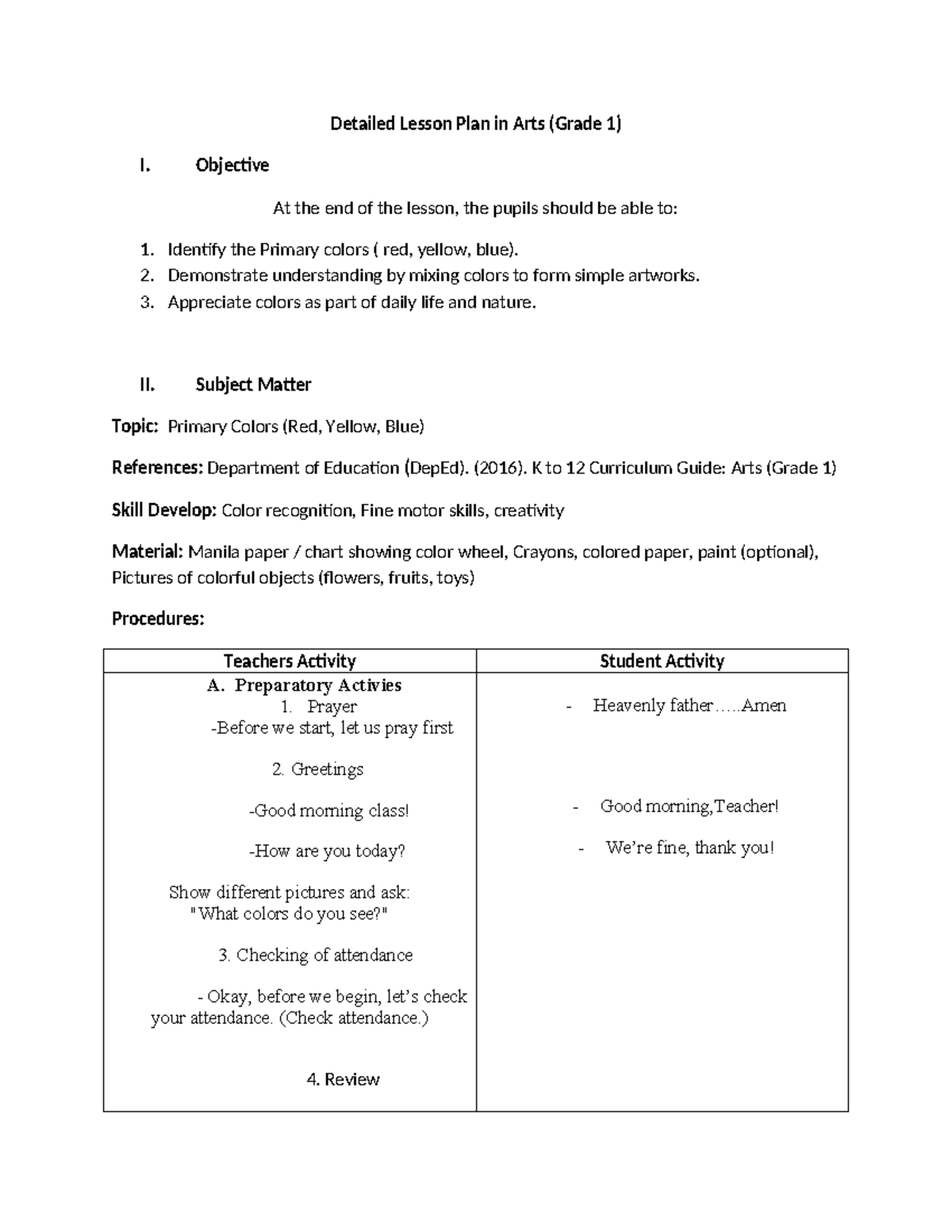 Detailed Lesson Plan: Primary Colors in Arts (Grade 1) - Studocu