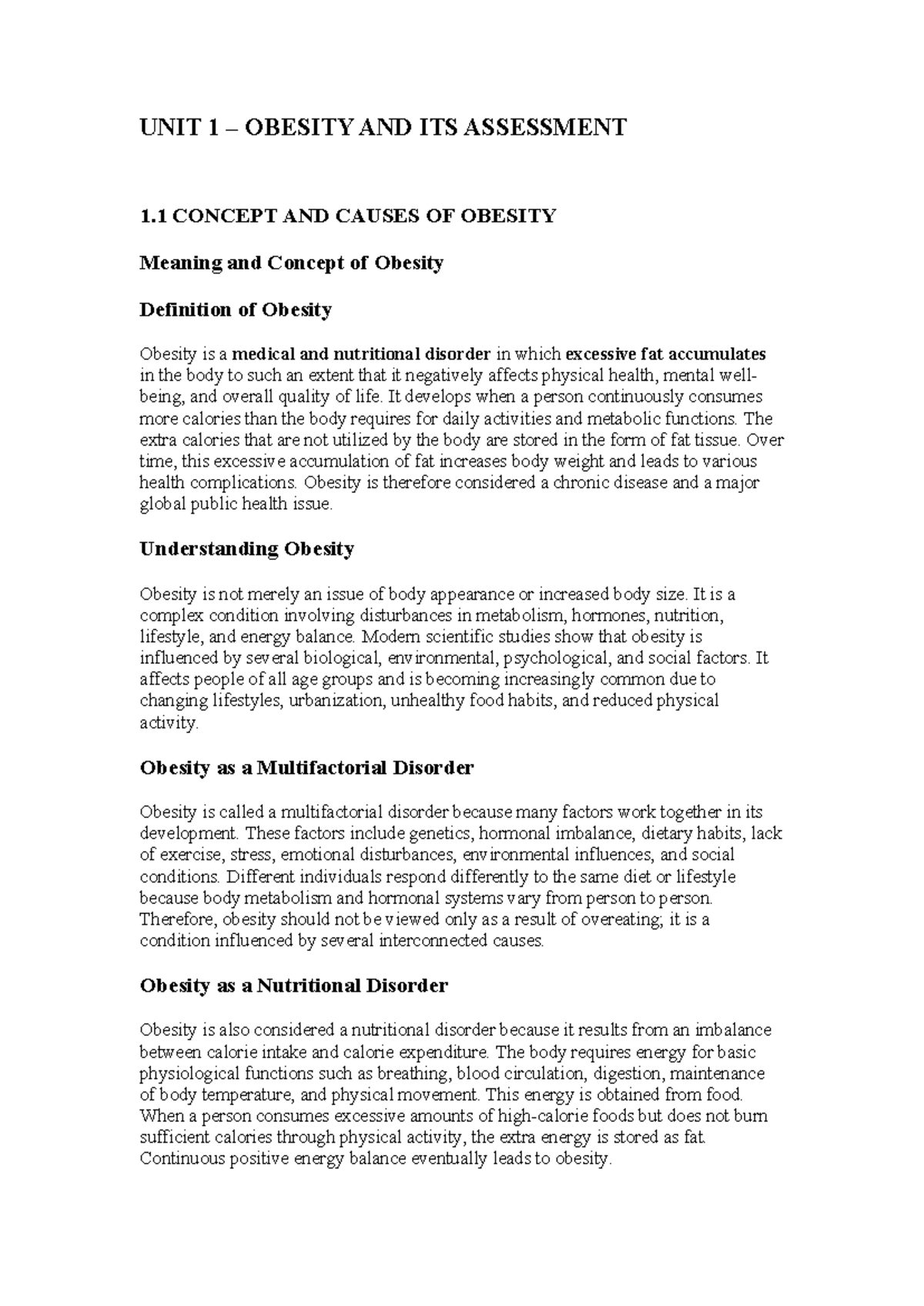 PED SEM 6 - Obesity and Weight Management Notes: Concepts & Assessment ...