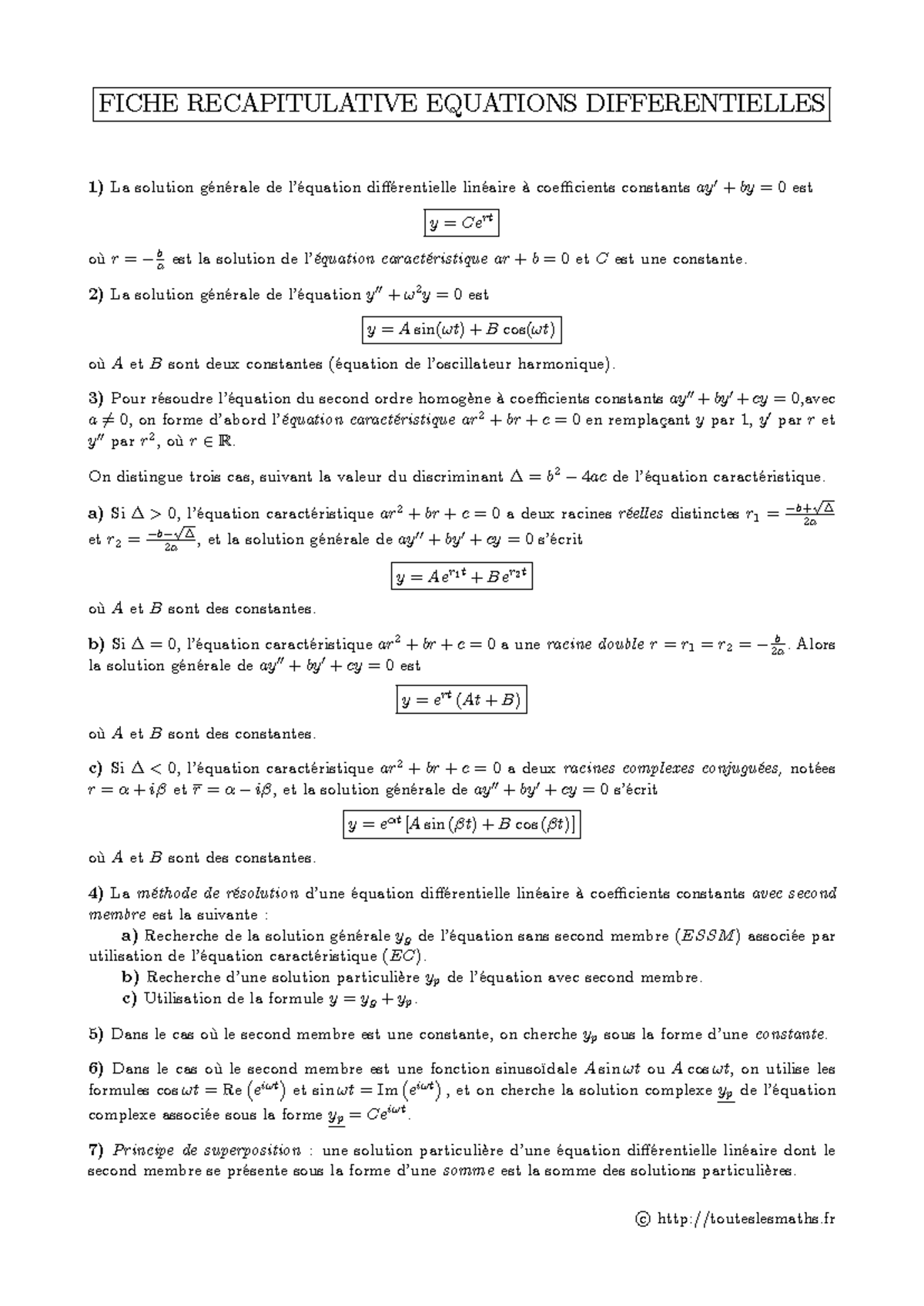FICHE RECAPITULATIVE: Équations Différentielles (Equa-diff) - Studocu