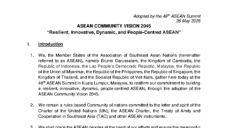 ASEAN Community Vision 2045: Outcomes of the 46th Summit - Studocu