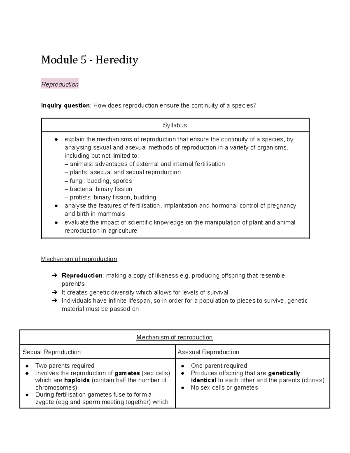 Biology Year 12 Module 5: Heredity & Reproduction Mechanisms - Studocu