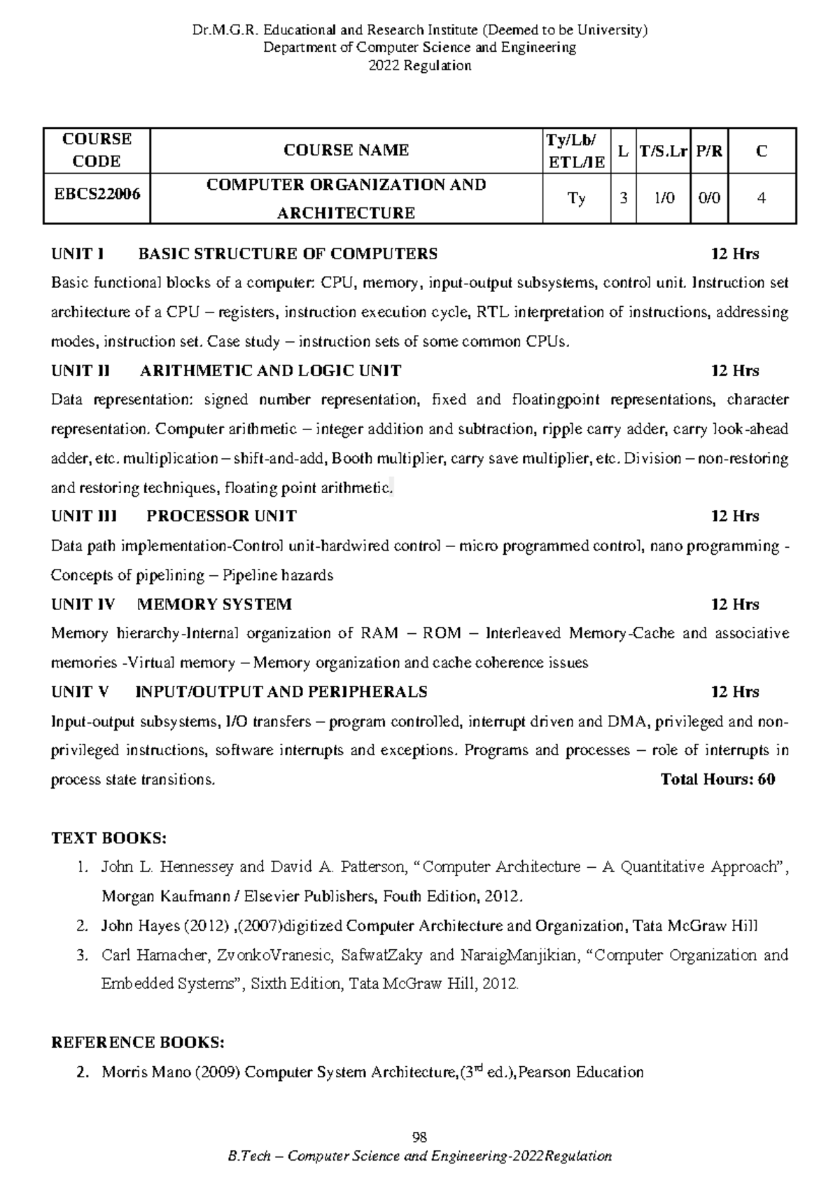 Computer Organization & Architecture Syllabus - CSE 2022 Regulation ...