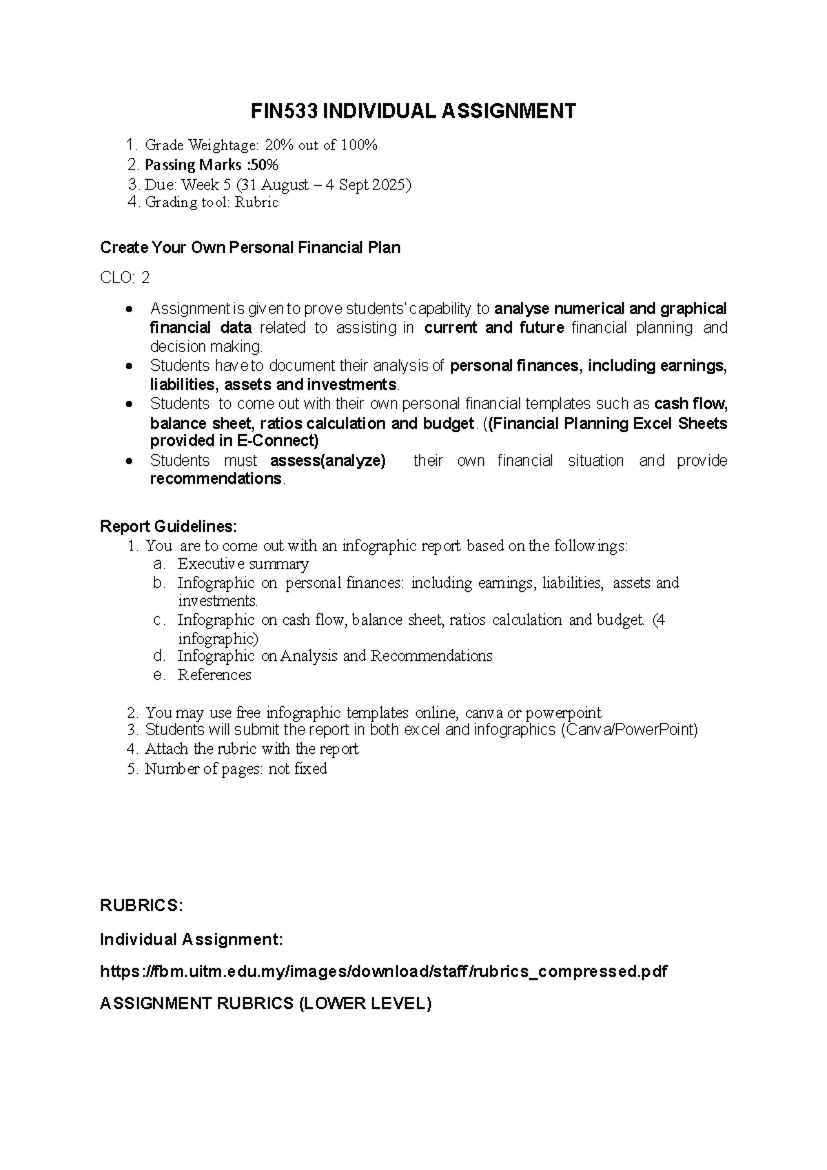 FIN533 Individual Assignment 1: Personal Financial Plan Report - Studocu