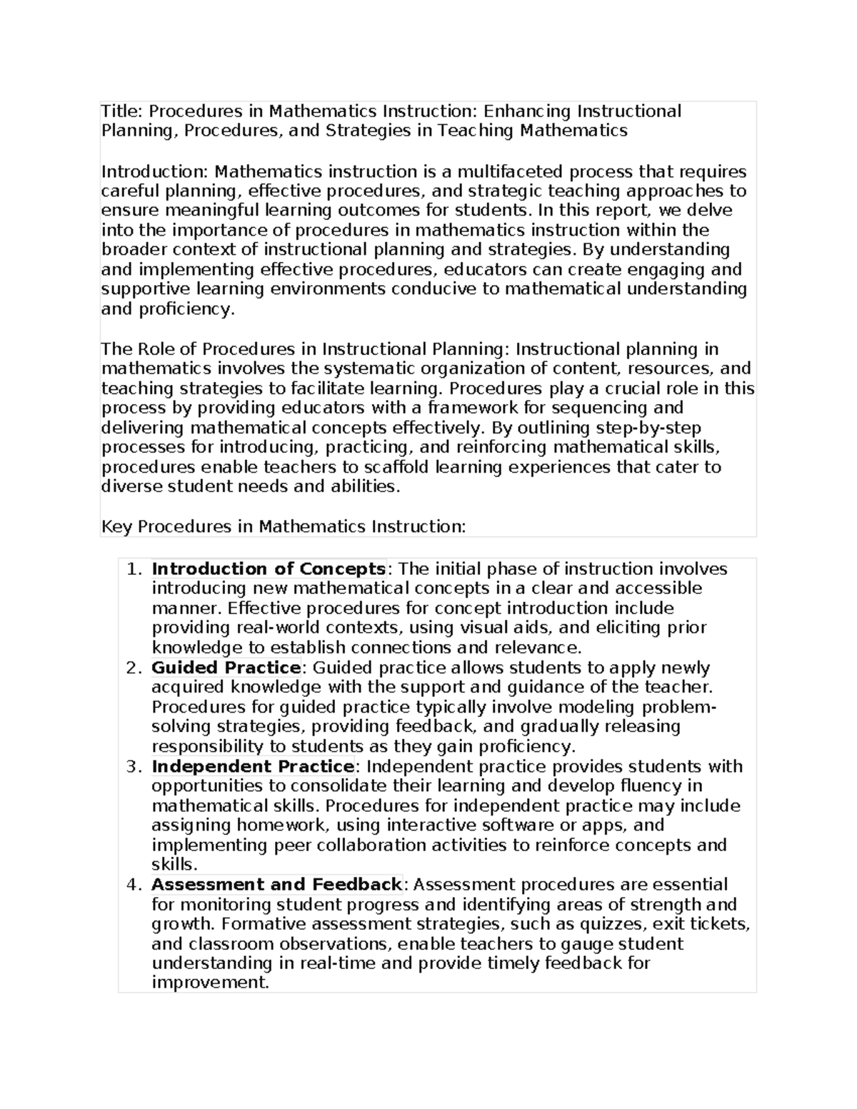 Mathematics Instruction Procedures: Enhancing Planning & Strategies ...