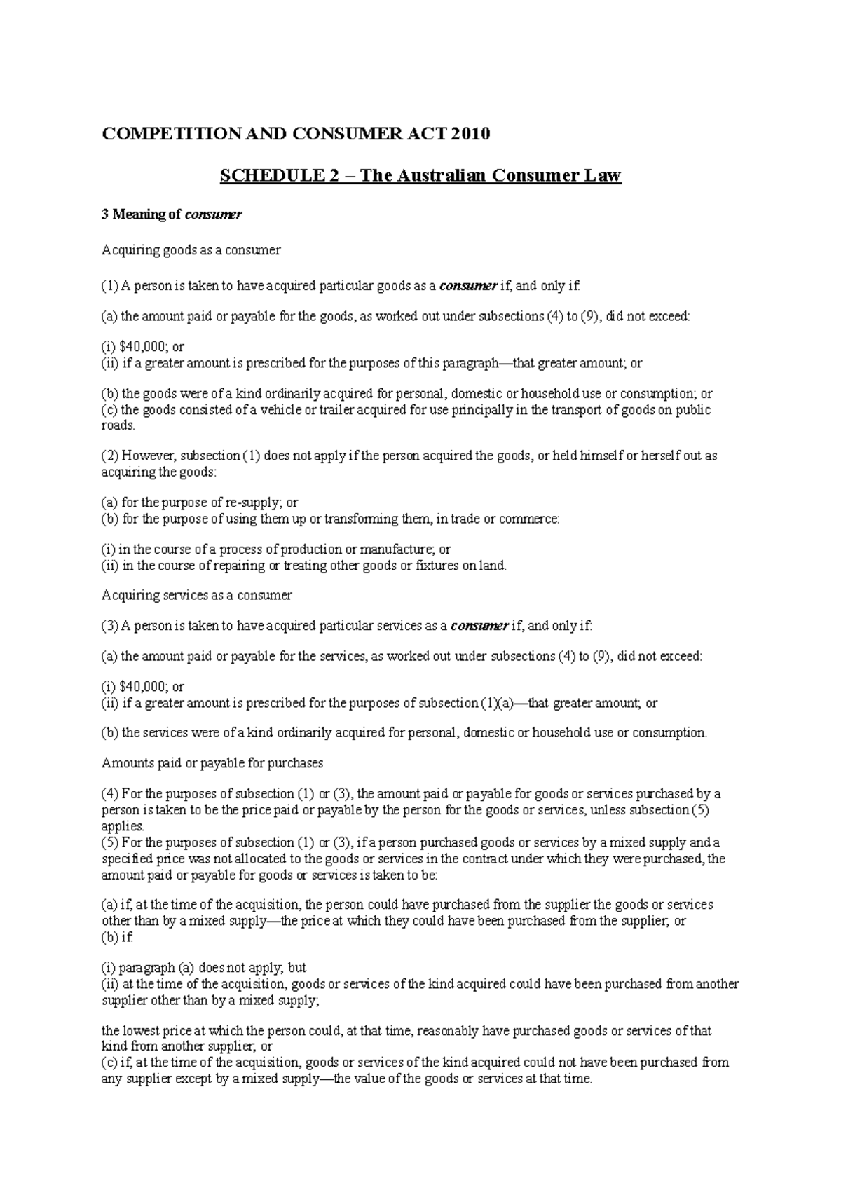 Australian Consumer Law - select sections - COMPETITION AND CONSUMER ...