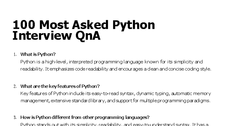 100 Most Asked Python Interview QnA - Essential Guide - Studocu