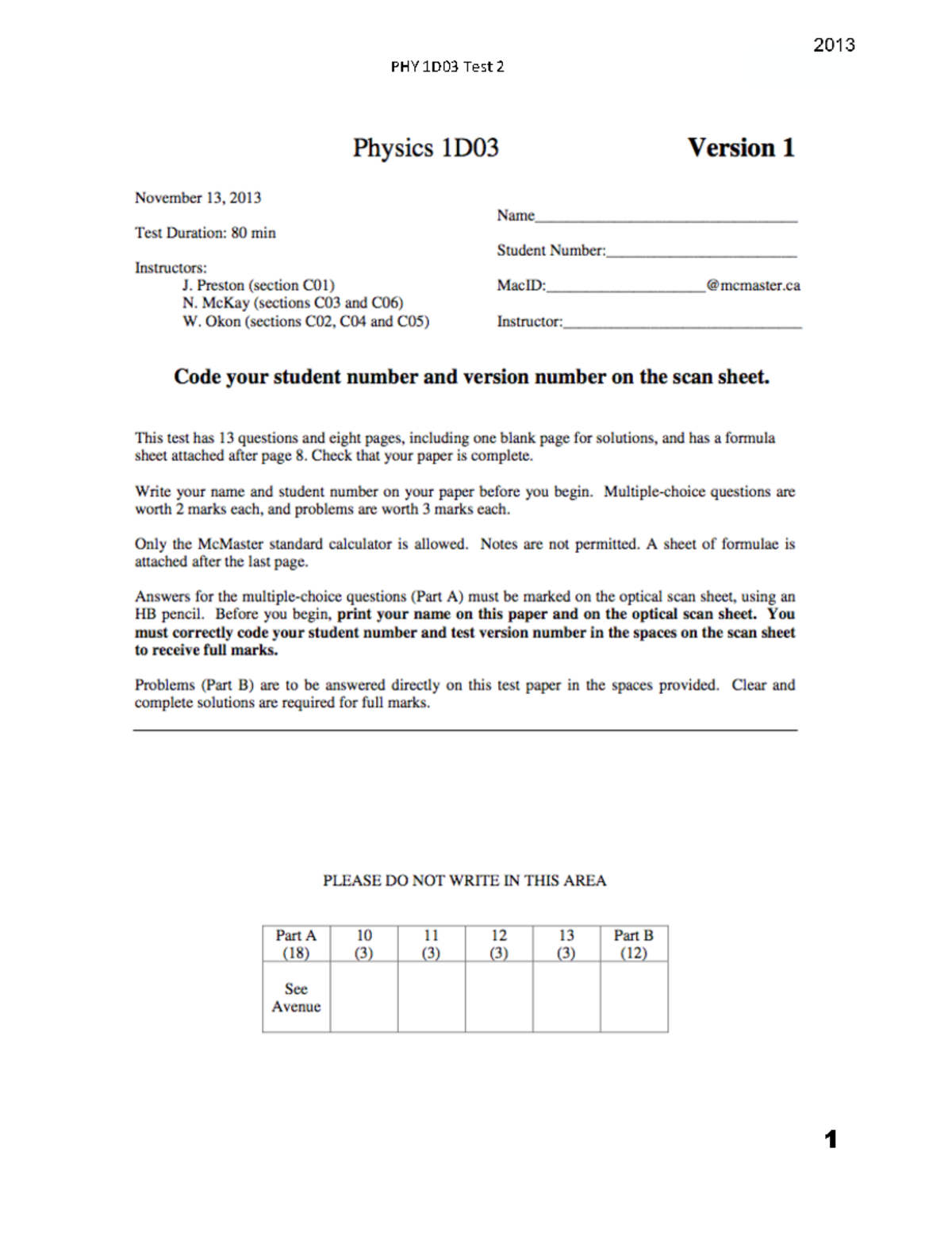 PHY 1D03 - Introductory Mechanics Test 2 Past Exam Solutions - Studocu