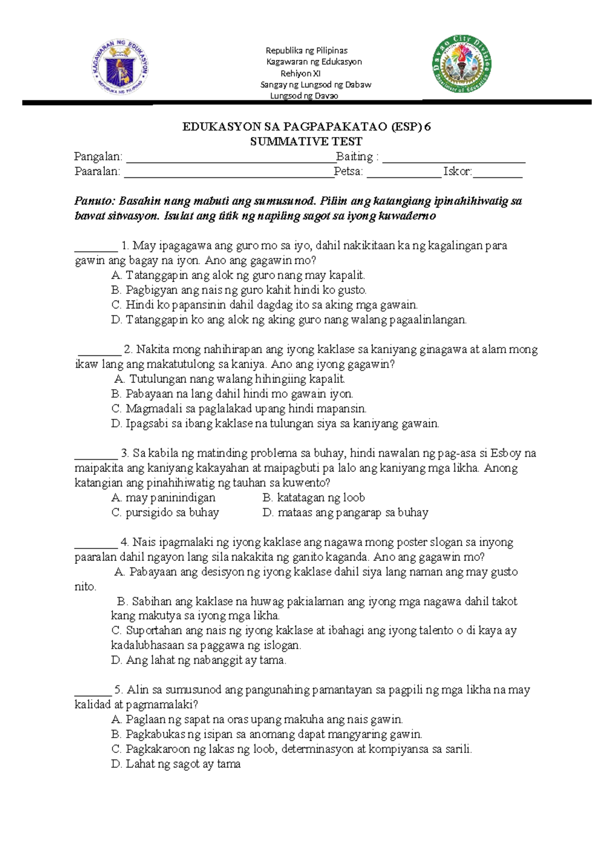 ESP 6 Summative Test: Pagsusuri sa mga Pagpapakatao at Gawain - Studocu