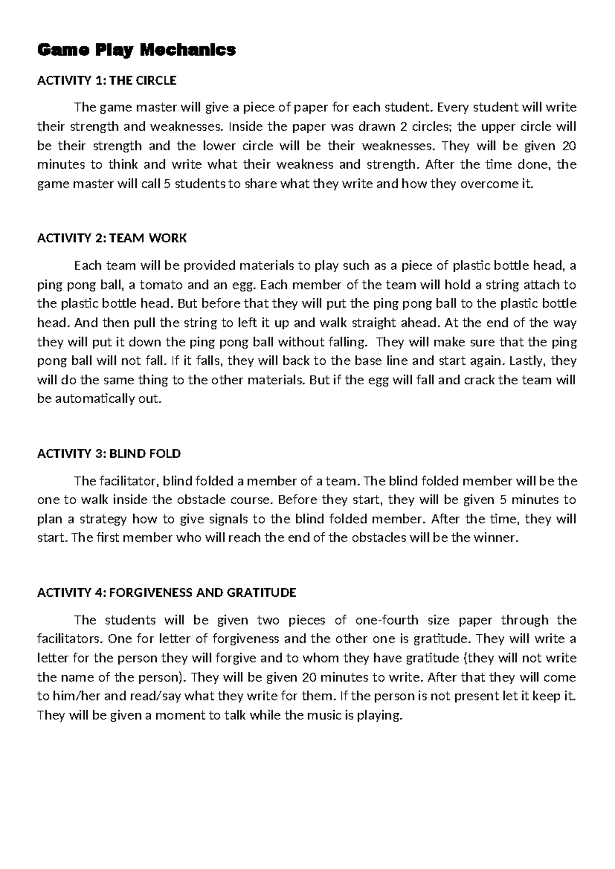 Game Play Mechanics: Engaging Activities for Team Building - Studocu