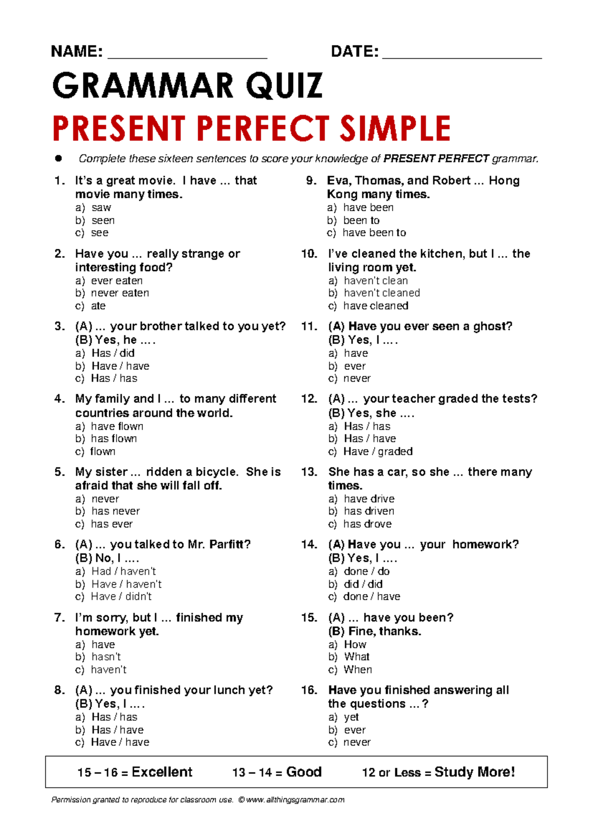 Present Perfect Simple Grammar Quiz (Quiz Code: PPQ-101) - Studocu