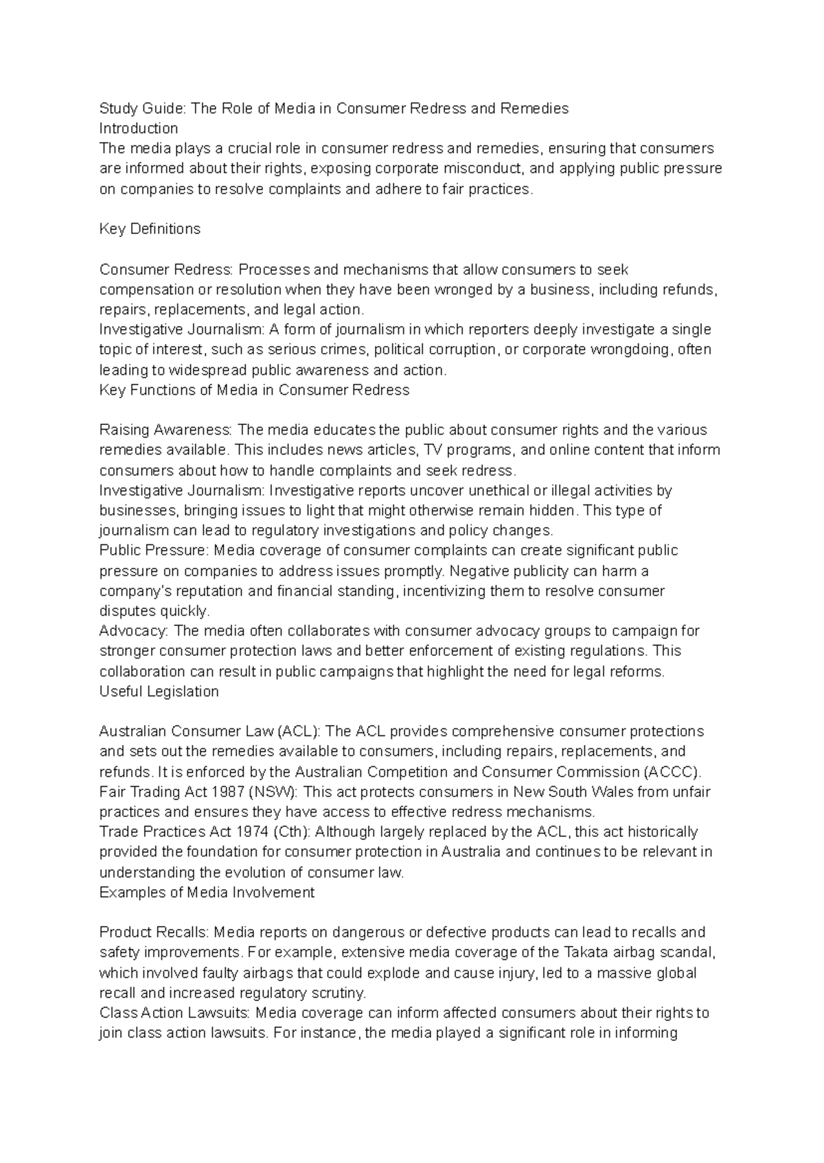 Study Guide: Media's Impact on Consumer Redress and Remedies - Studocu