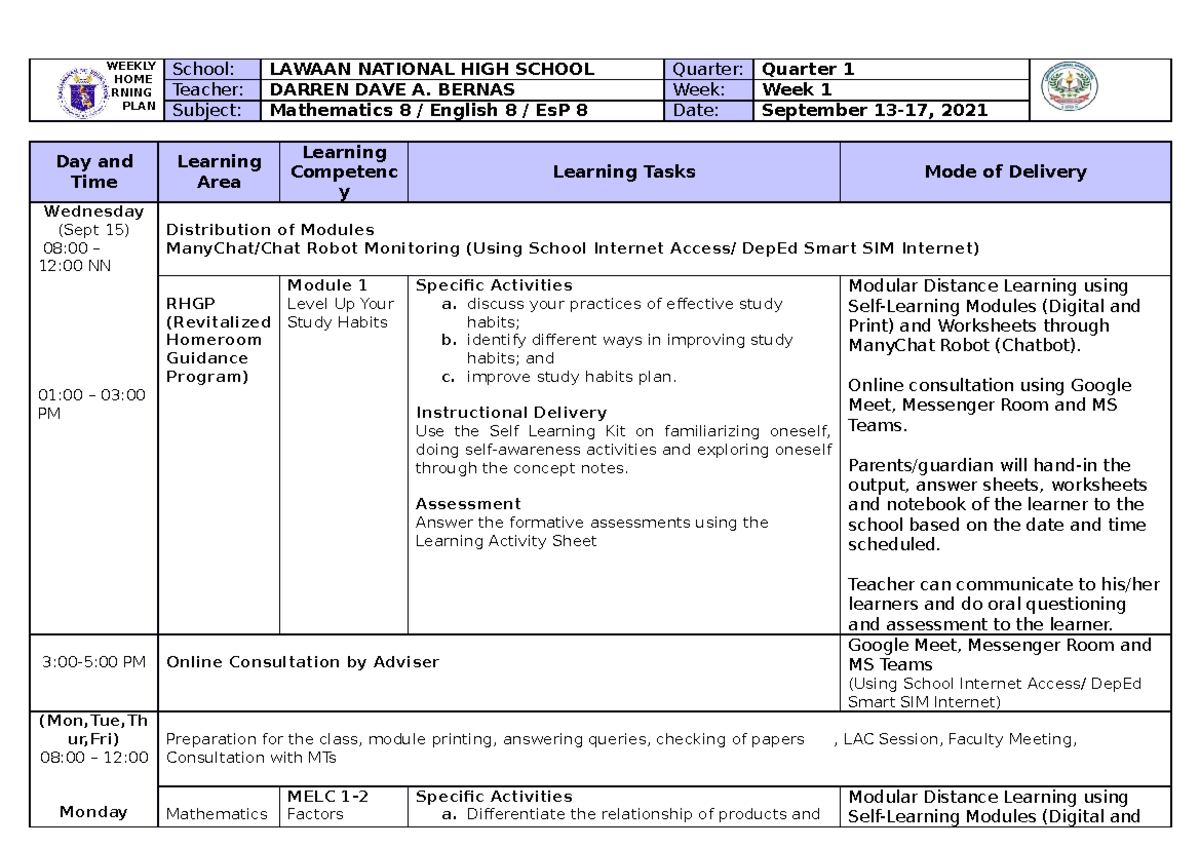 Bernas WHLP-Q1W1 - for educational - WEEKLY HOME LEARNING PLAN School ...
