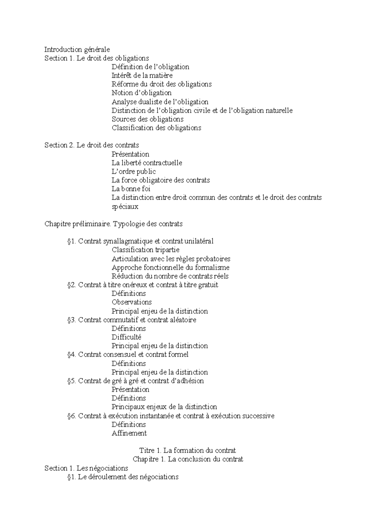 Plan de cours Droit des Obligations - Introduction et Sections 1 & 2 ...