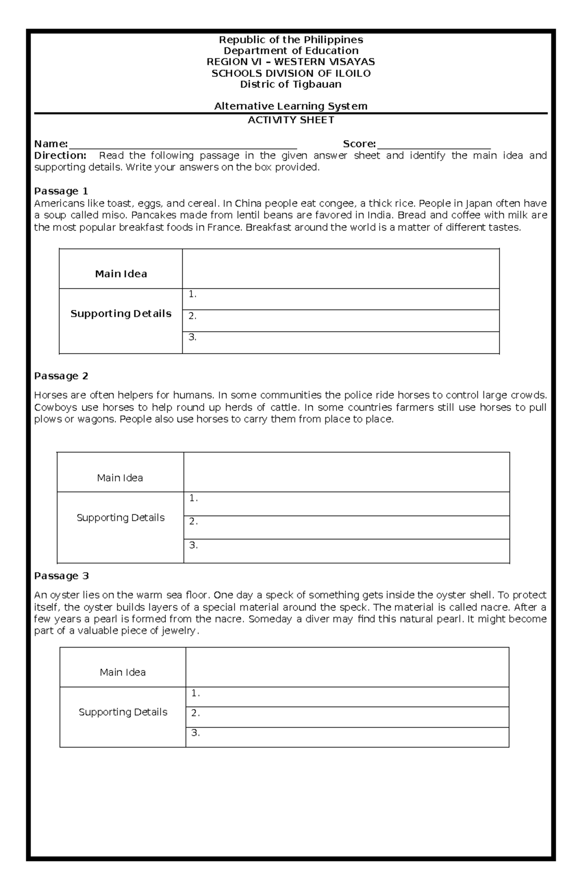 Activity Sheet: Identifying Main Ideas & Supporting Details - Studocu