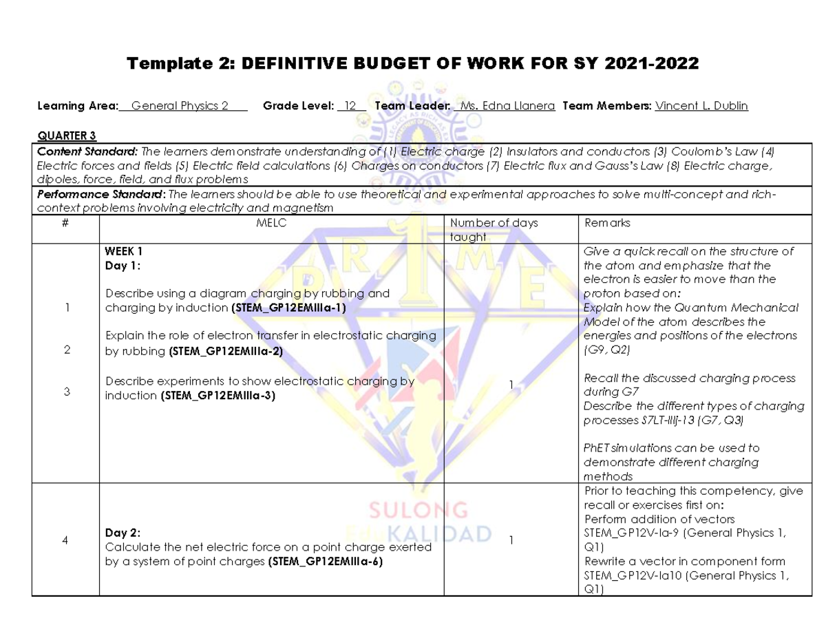 DBOW GEN-_PHYS-2 - Definitive Budget of Work for SY 2021-22 - Studocu
